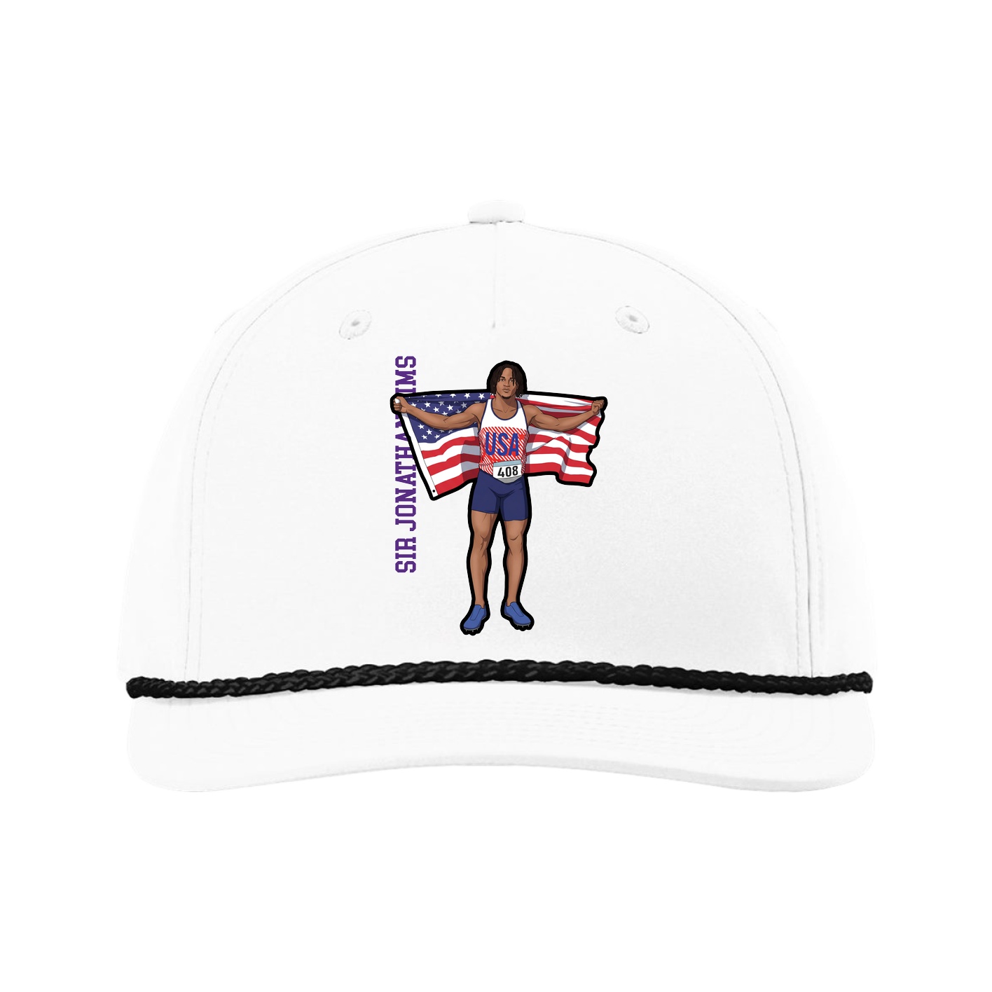 Five-Panel Classic Rope Cap — Name Vertical in White