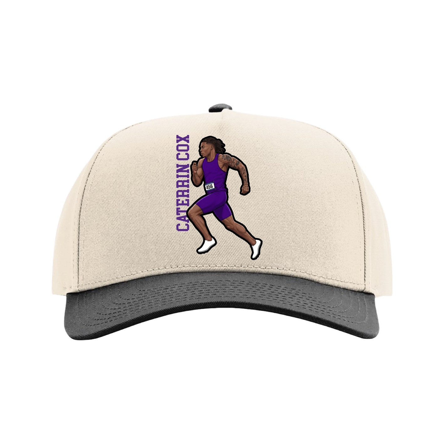 Full Fabric Five-Panel Champ Cap — Name Vertical in Cream/Black