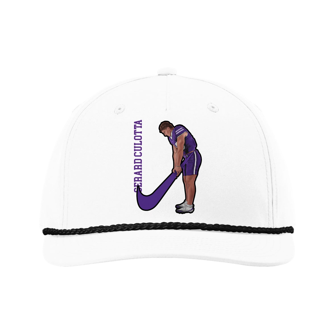 Five-Panel Classic Rope Cap — Name Vertical in White