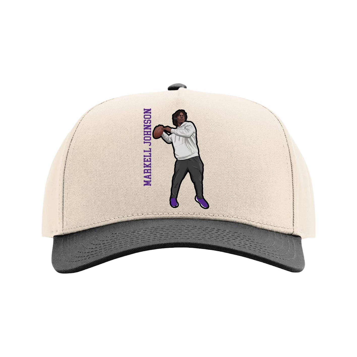Full Fabric Five-Panel Champ Cap — Name Vertical in Cream/Black