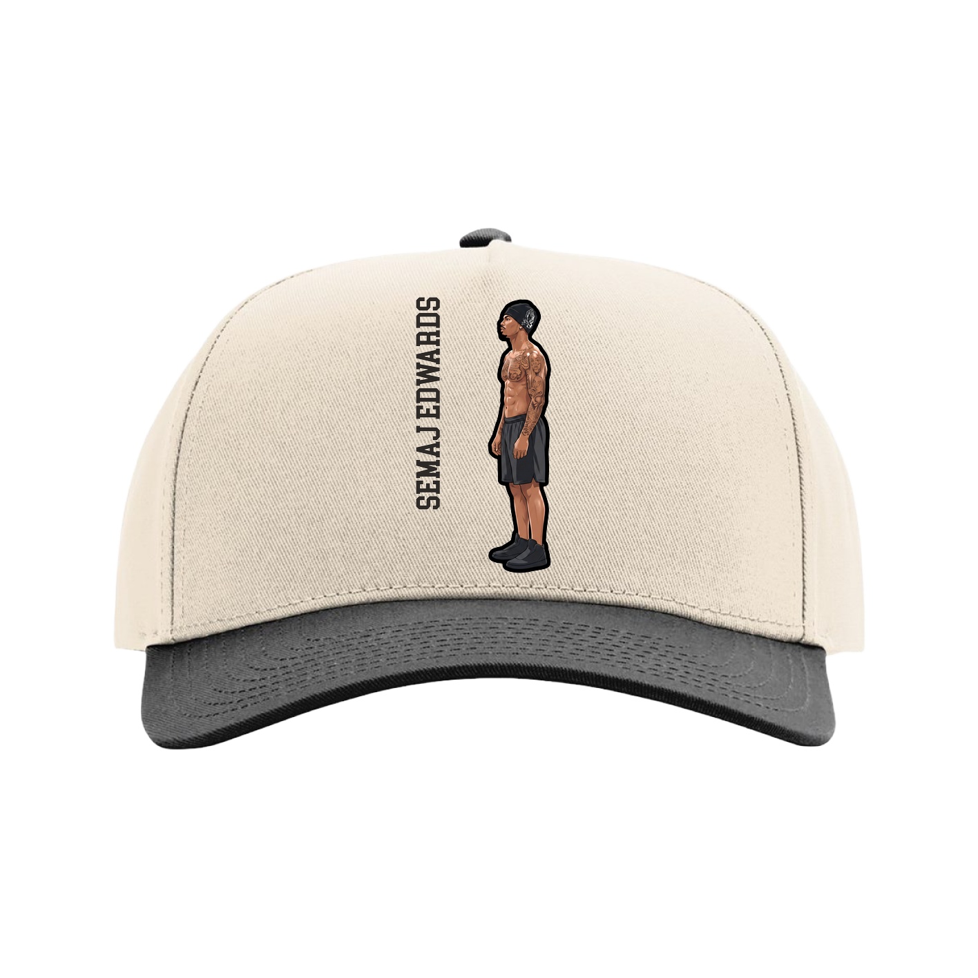 Full Fabric Five-Panel Champ Cap — Name Vertical in Cream/Black