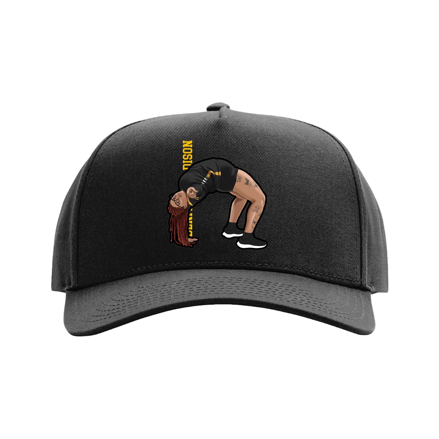 Full Fabric Five-Panel Champ Cap — Name Vertical in Black