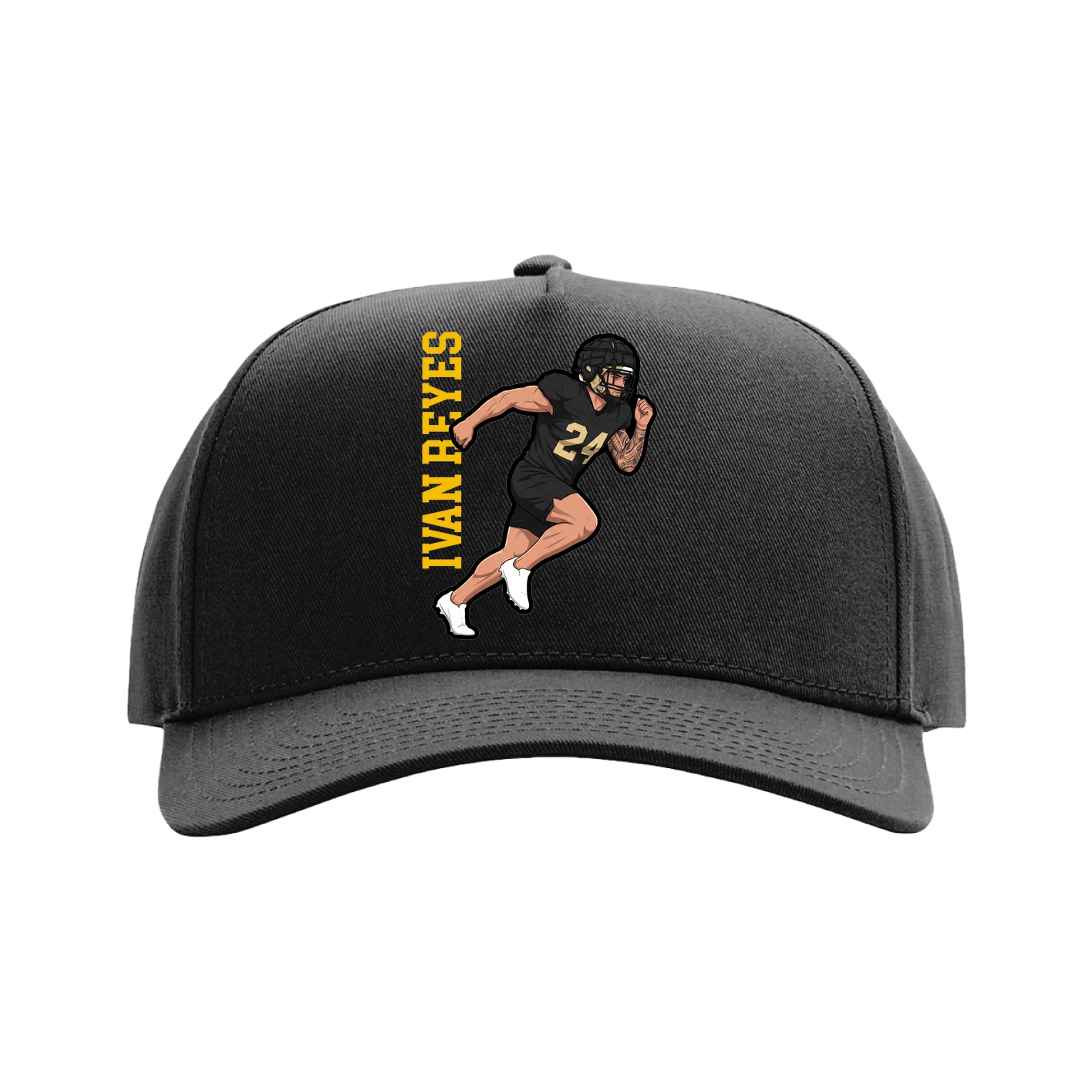 Full Fabric Five-Panel Champ Cap — Name Vertical in Black