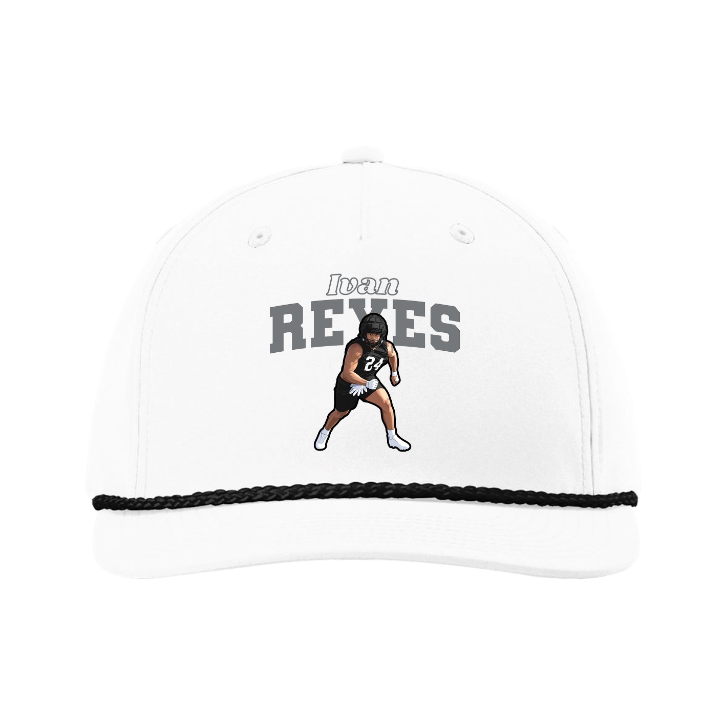 Five-Panel Classic Rope Cap — Name Arch in White