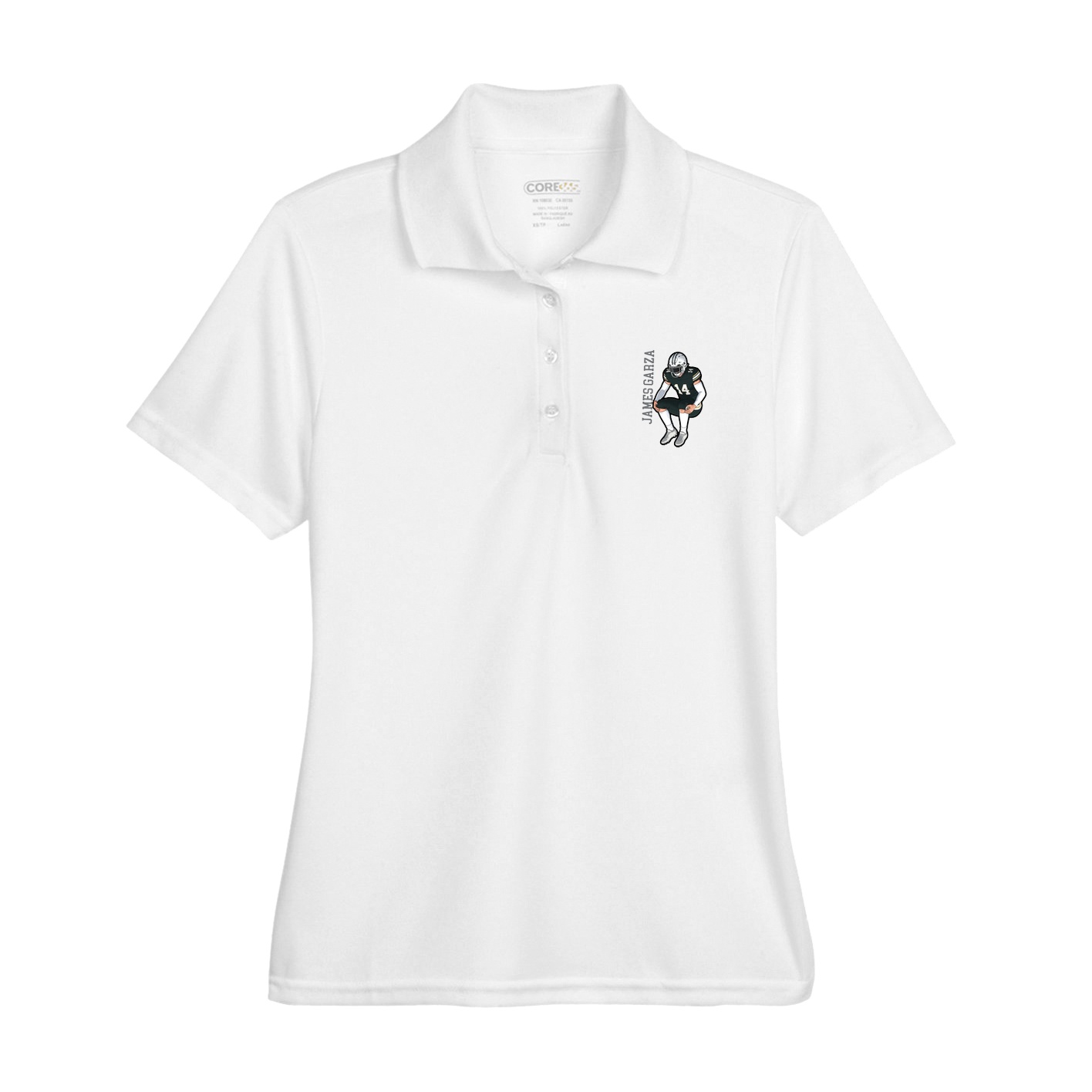 Womens Performance Polo — Name Vertical in White