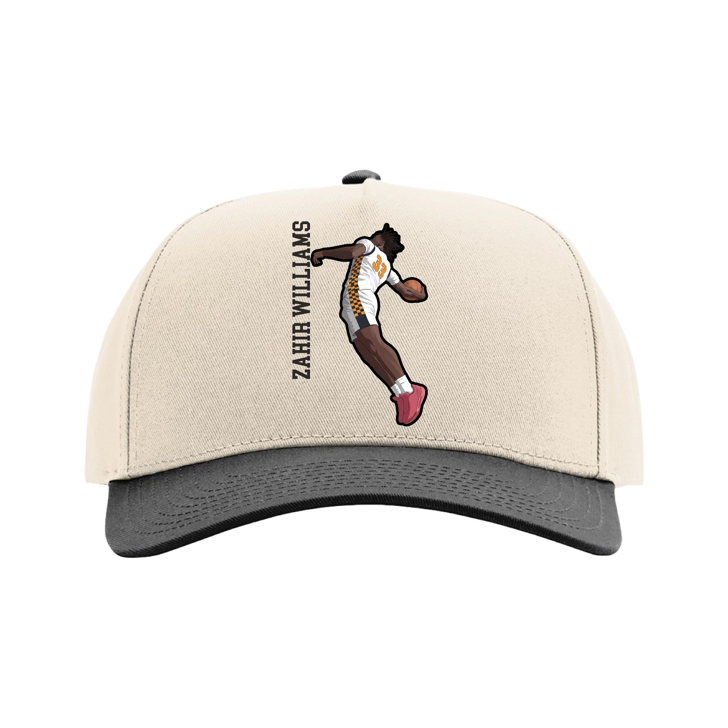 Full Fabric Five-Panel Champ Cap — Name Vertical in Cream/Black