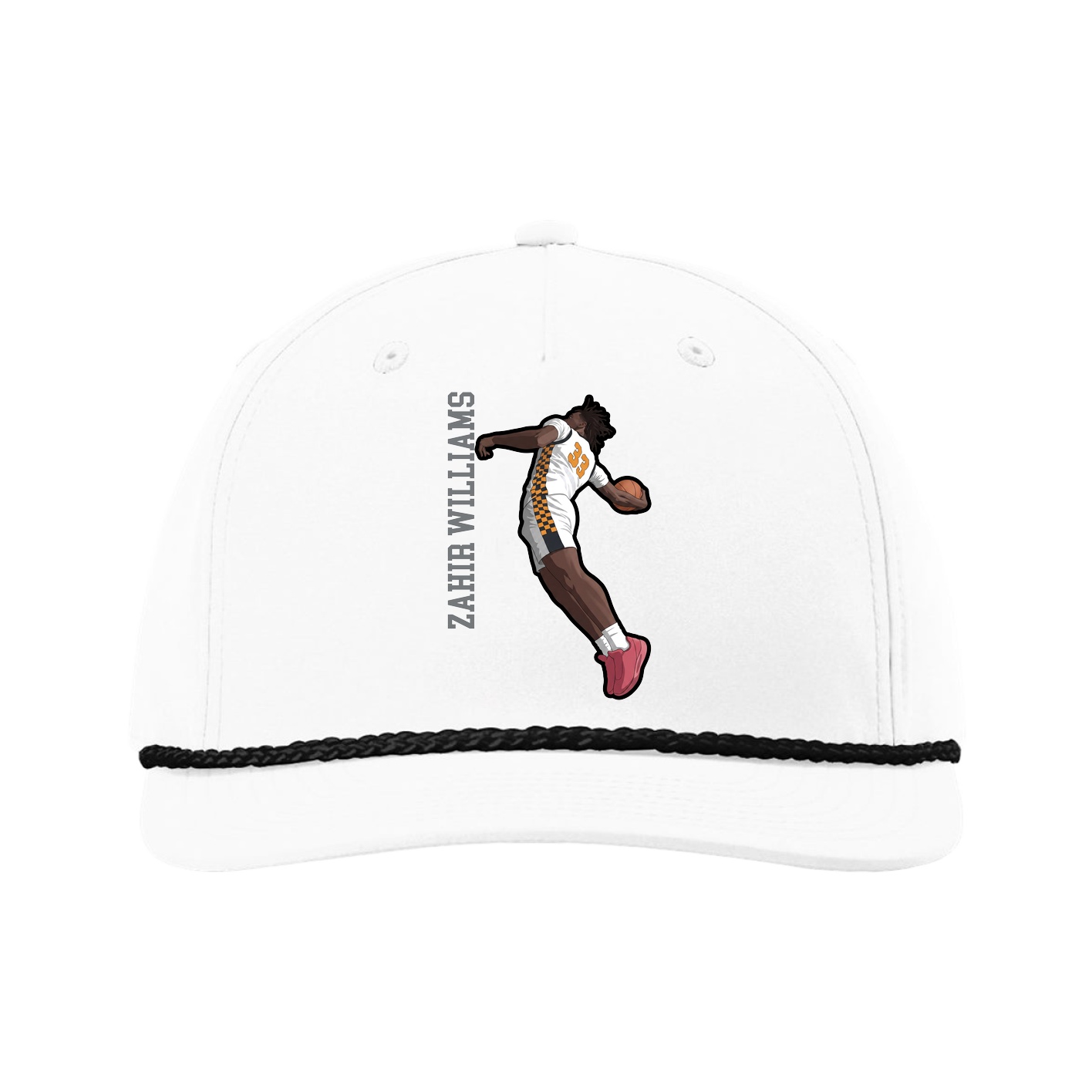Five-Panel Classic Rope Cap — Name Vertical in White