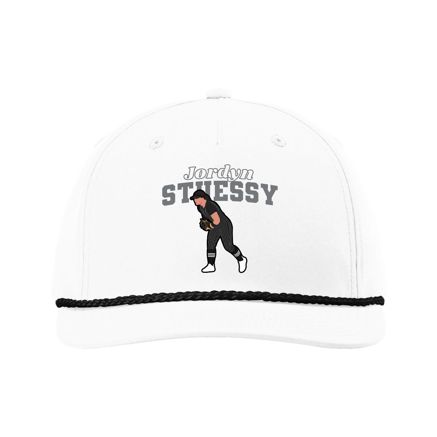 Five-Panel Classic Rope Cap — Name Arch in White