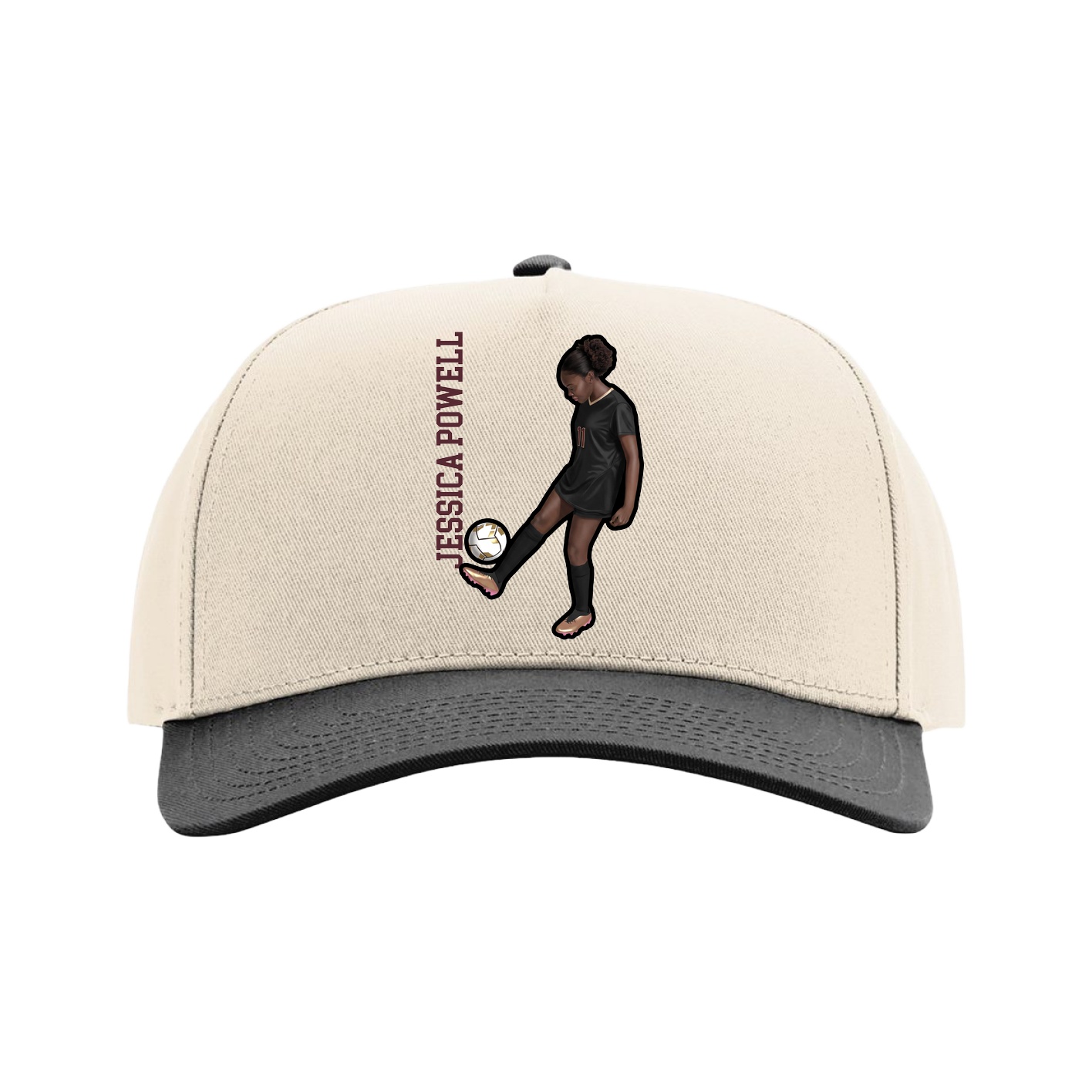 Full Fabric Five-Panel Champ Cap — Name Vertical in Cream/Black