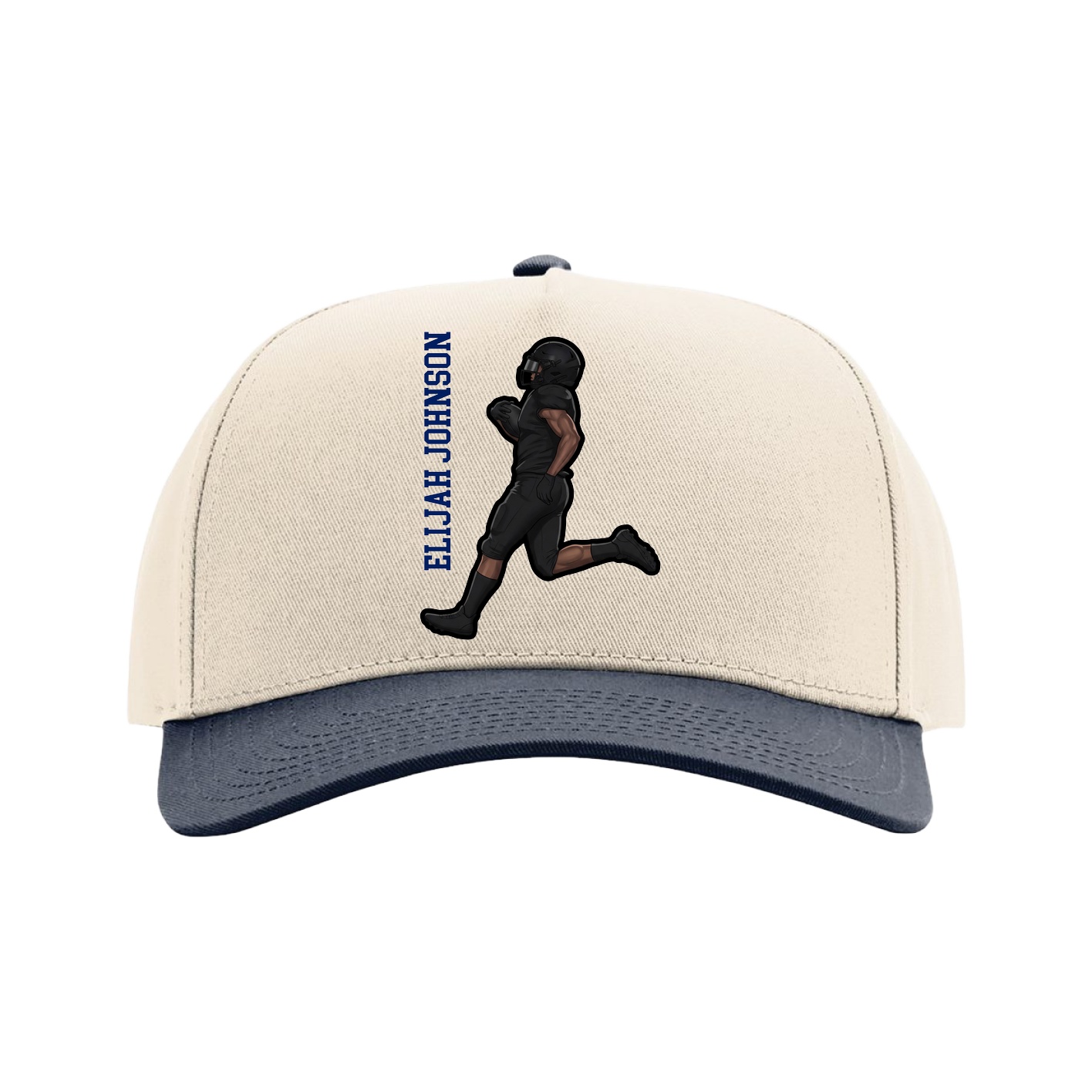 Full Fabric Five-Panel Champ Cap — Name Vertical in Cream/Navy