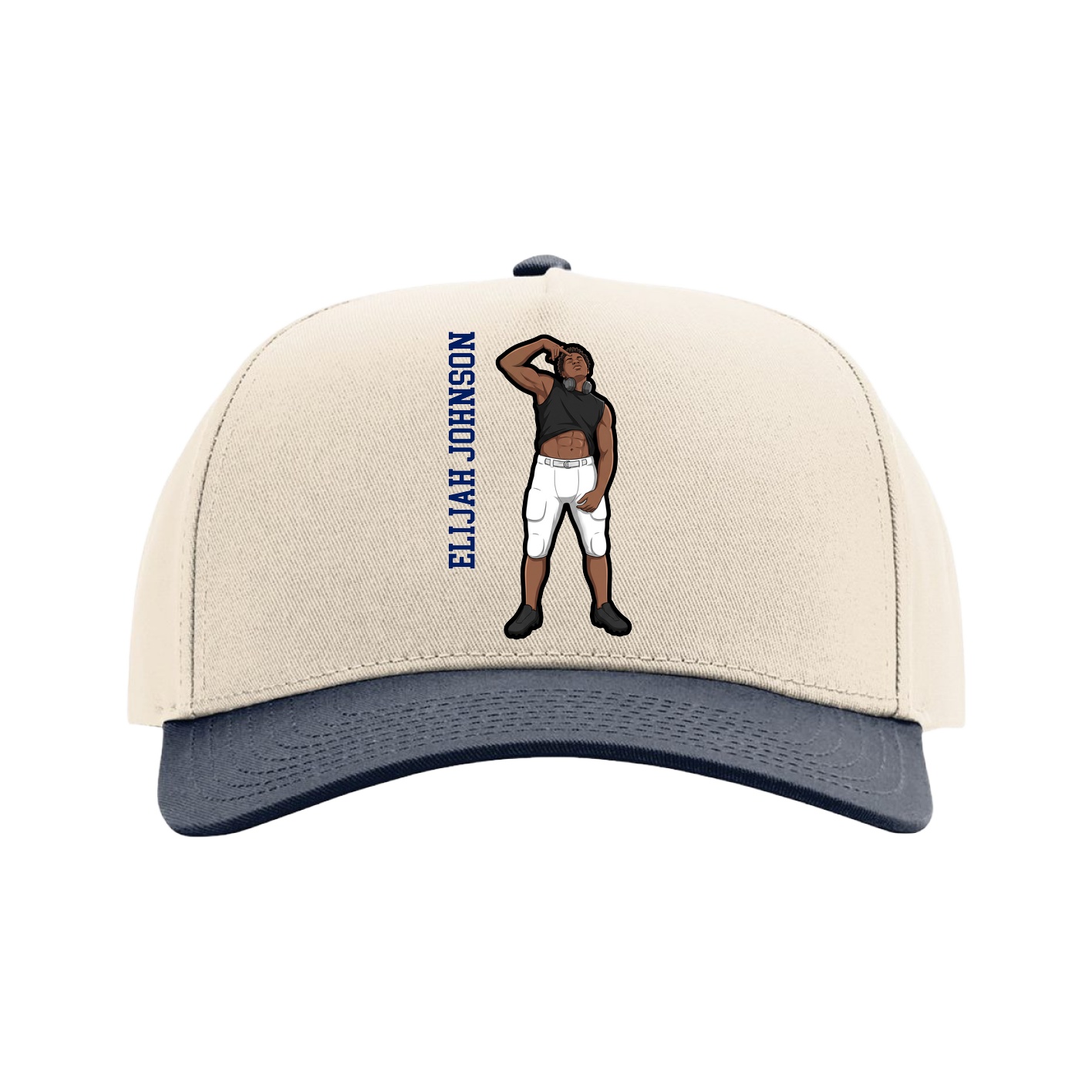 Full Fabric Five-Panel Champ Cap — Name Vertical in Cream/Navy