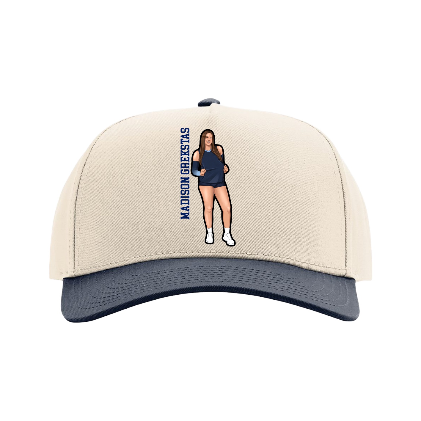 Full Fabric Five-Panel Champ Cap — Name Vertical in Cream/Navy