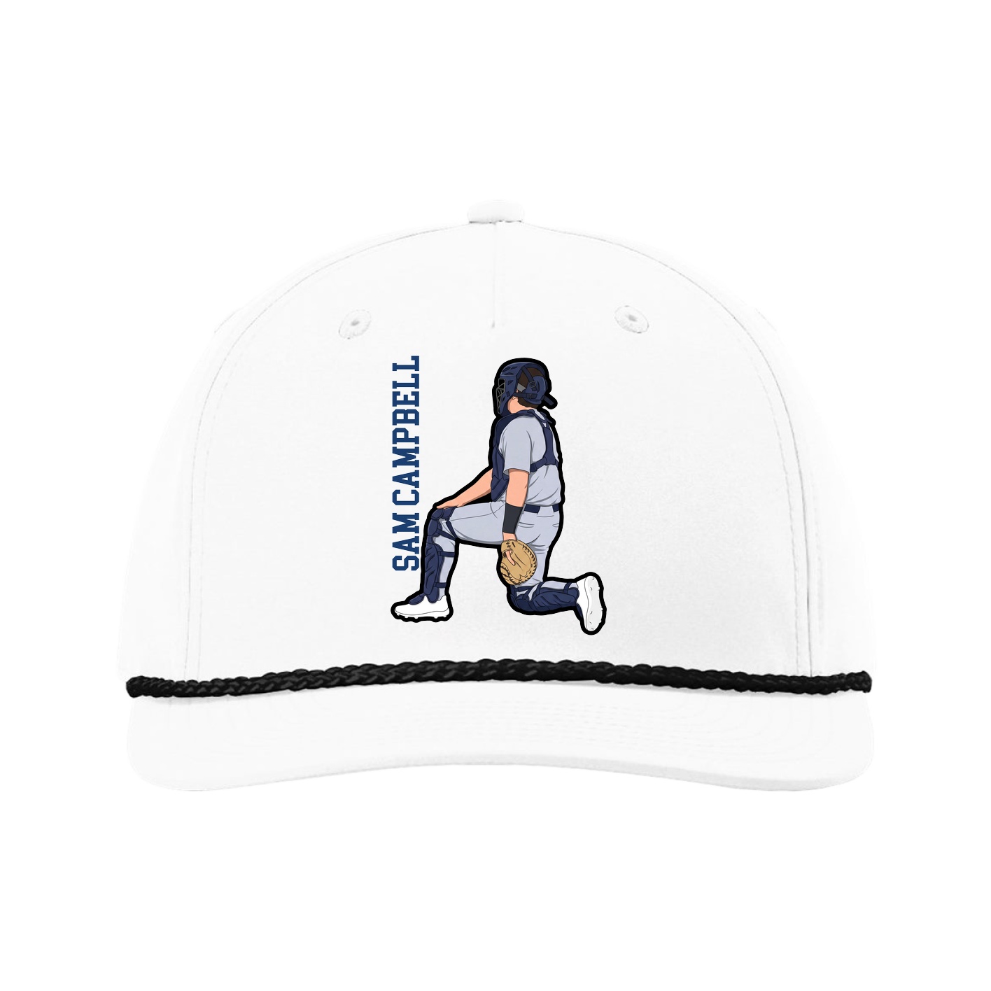 Five-Panel Classic Rope Cap — Name Vertical in White
