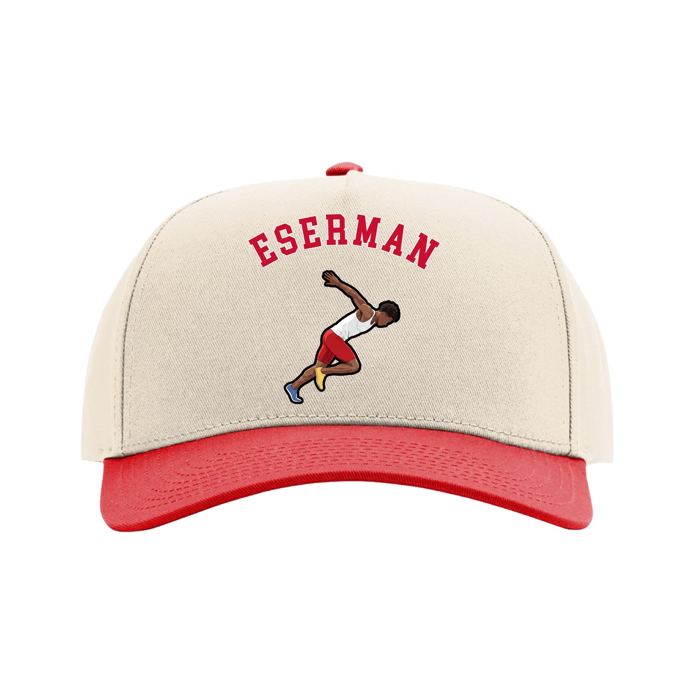 Full Fabric Five-Panel Champ Cap — Shirsey Arch in Cream/Red