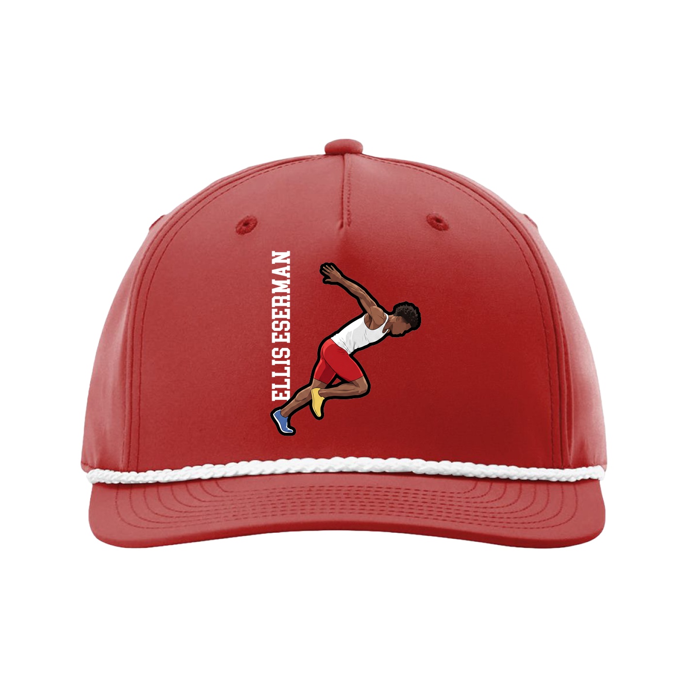 Five-Panel Classic Rope Cap — Name Vertical in Red