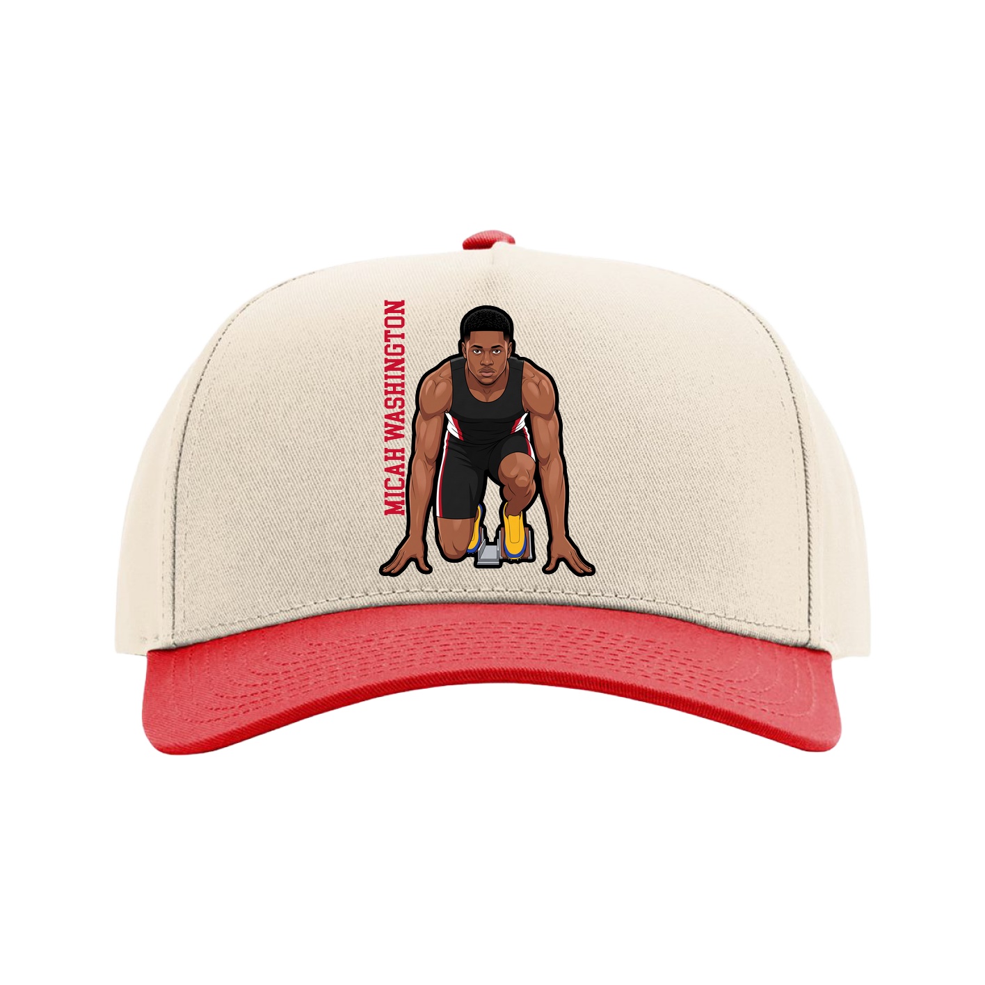 Full Fabric Five-Panel Champ Cap — Name Vertical in Cream/Red
