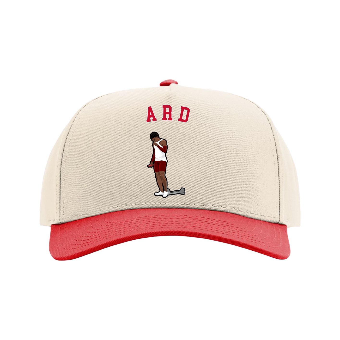 Full Fabric Five-Panel Champ Cap — Shirsey Arch in Cream/Red