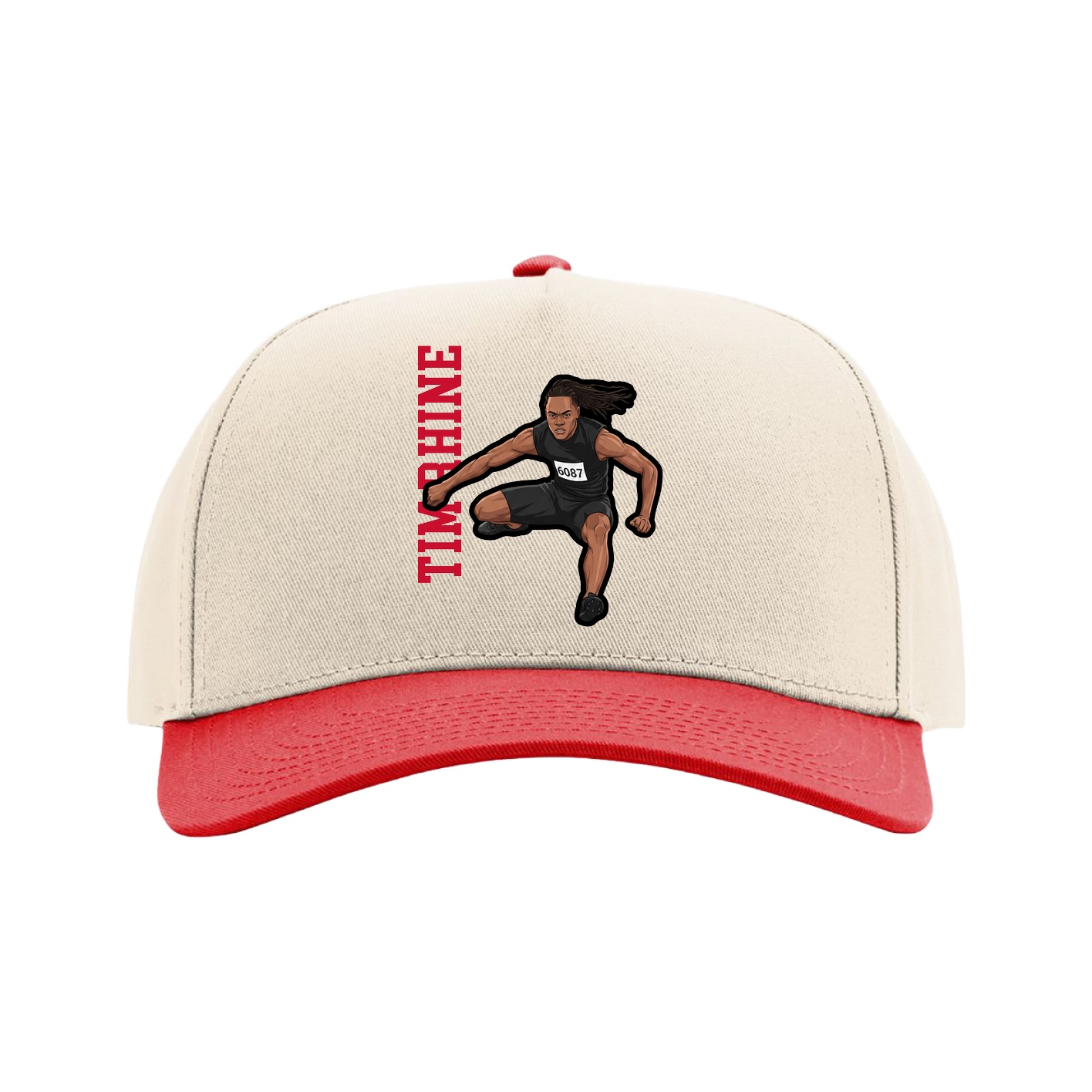 Full Fabric Five-Panel Champ Cap — Name Vertical in Cream/Red