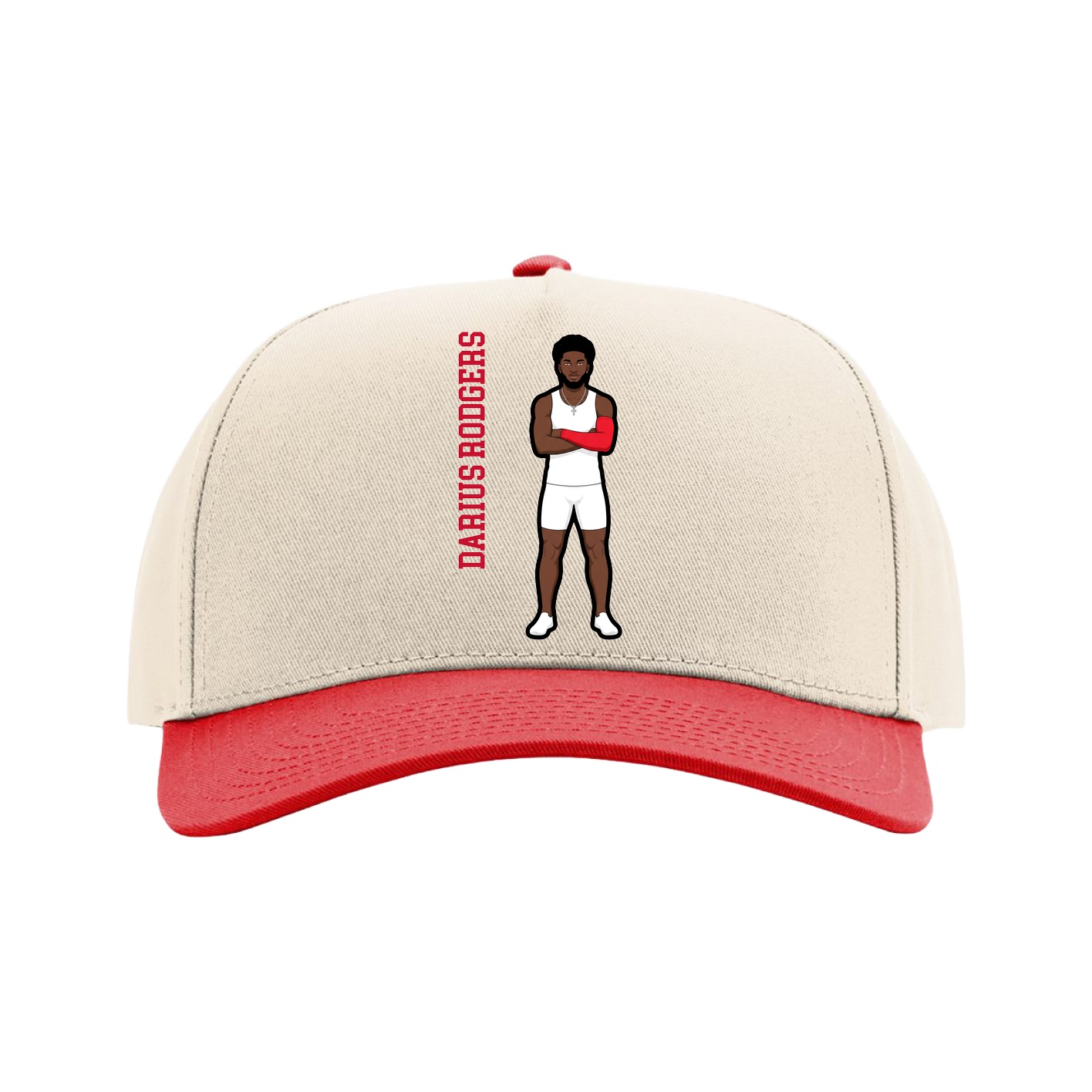 Full Fabric Five-Panel Champ Cap — Name Vertical in Cream/Red