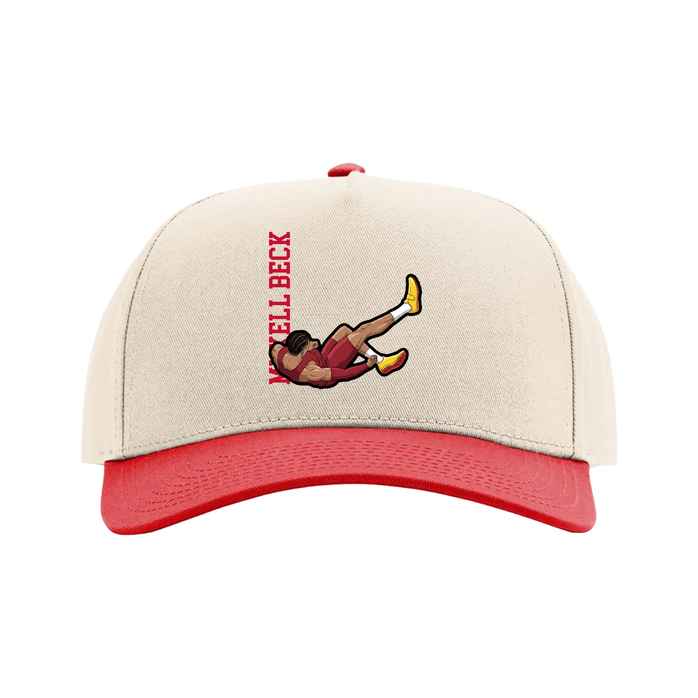 Full Fabric Five-Panel Champ Cap — Name Vertical in Cream/Red