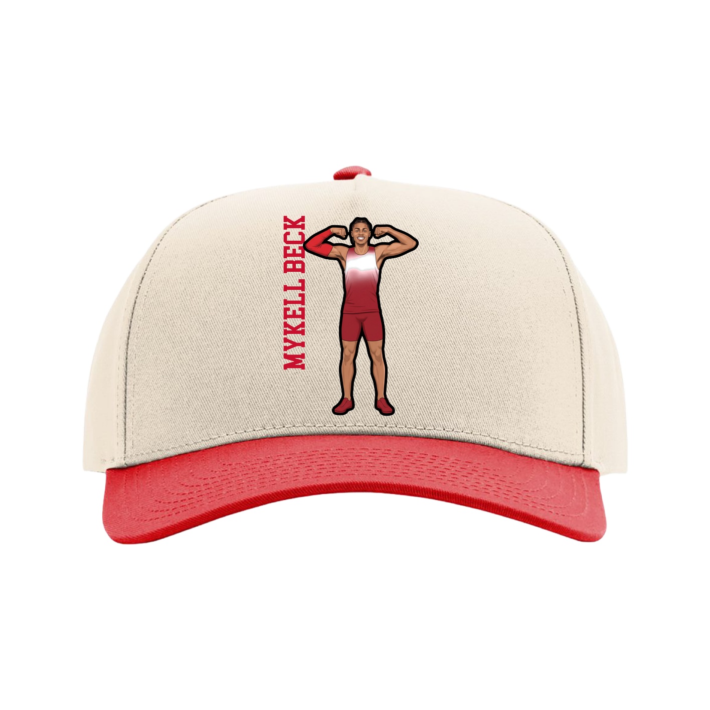 Full Fabric Five-Panel Champ Cap — Name Vertical in Cream/Red
