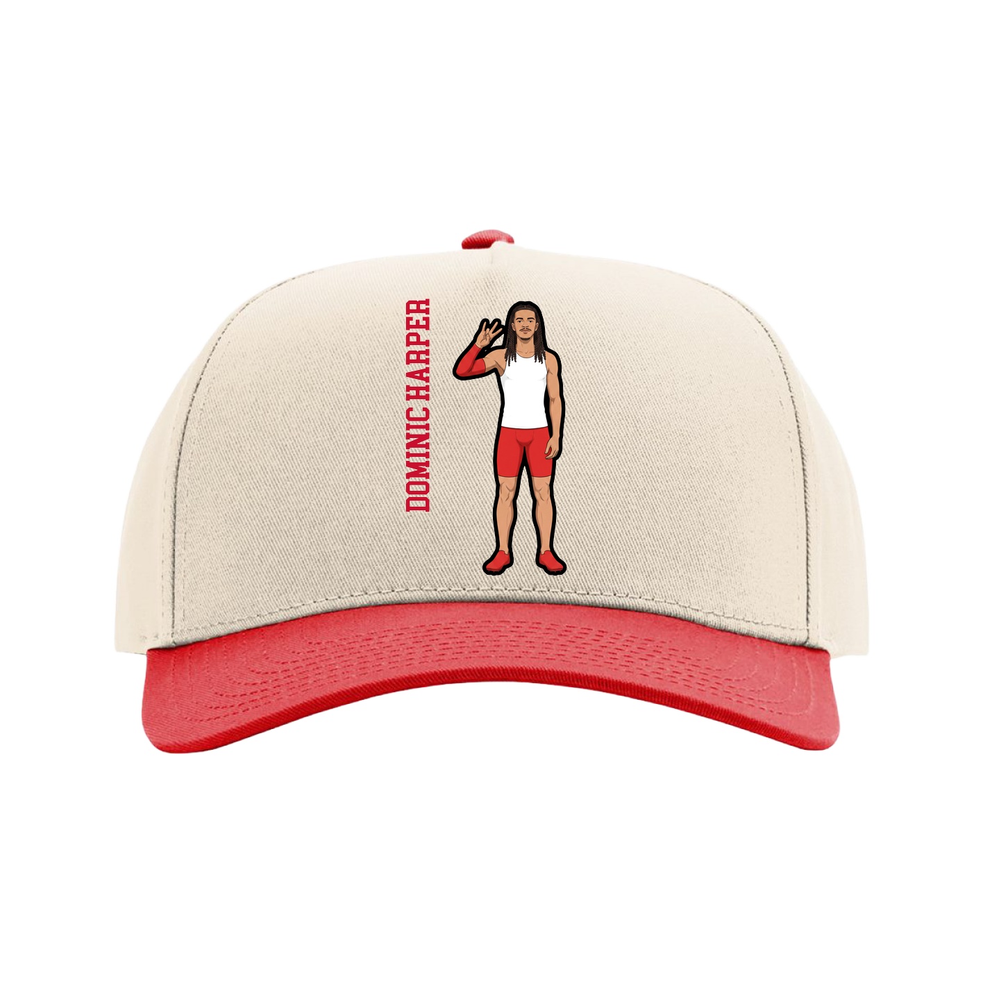 Full Fabric Five-Panel Champ Cap — Name Vertical in Cream/Red