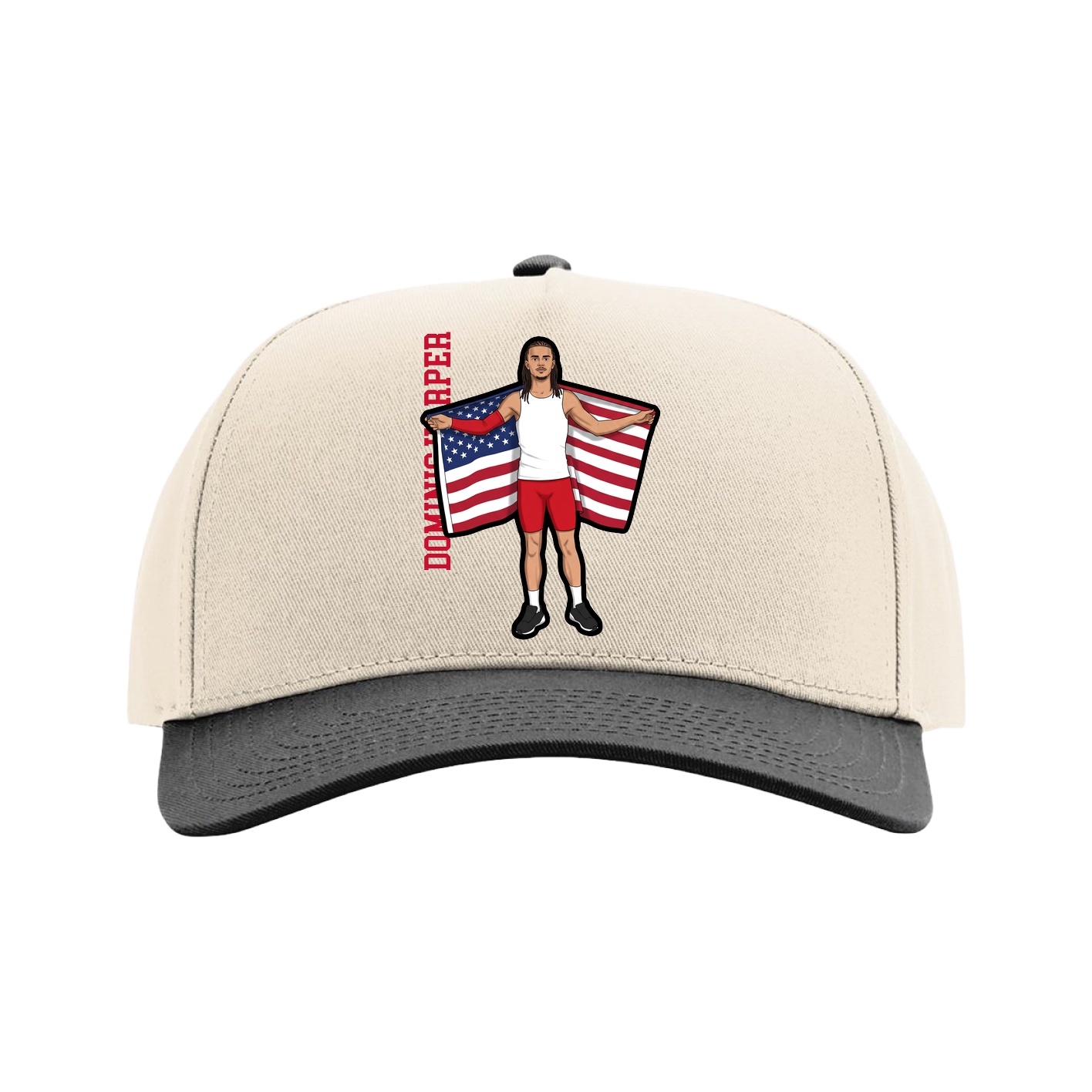 Full Fabric Five-Panel Champ Cap — Name Vertical in Cream/Black