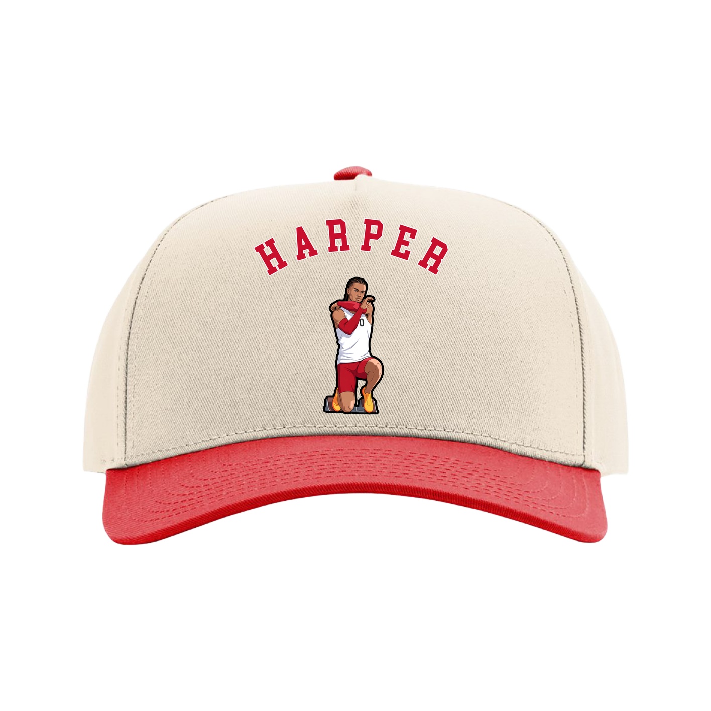 Full Fabric Five-Panel Champ Cap — Shirsey Arch in Cream/Red