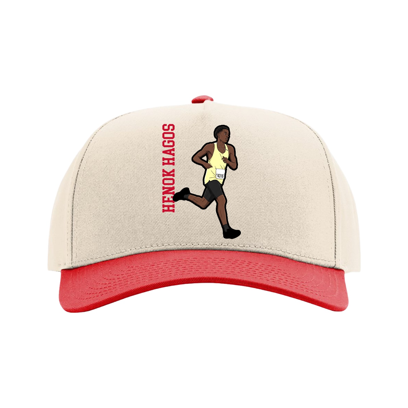 Full Fabric Five-Panel Champ Cap — Name Vertical in Cream/Red