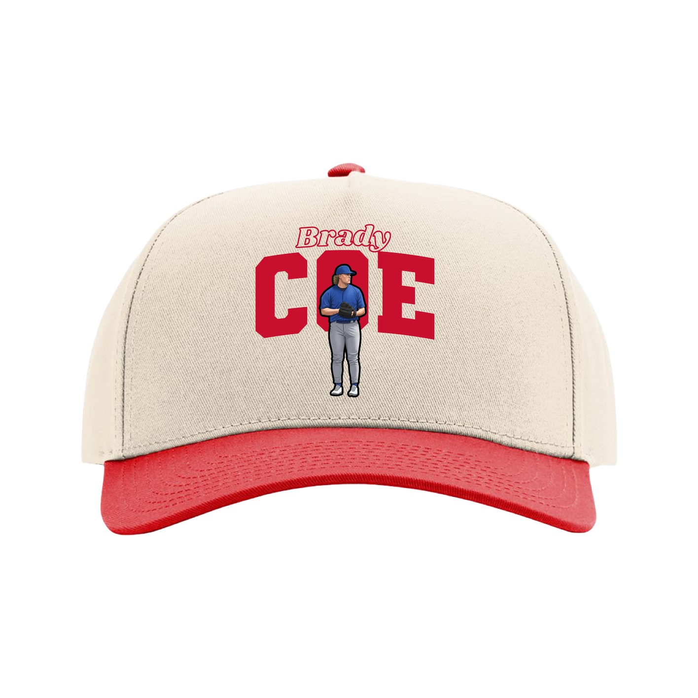 Full Fabric Five-Panel Champ Cap — Name Arch in Cream/Red