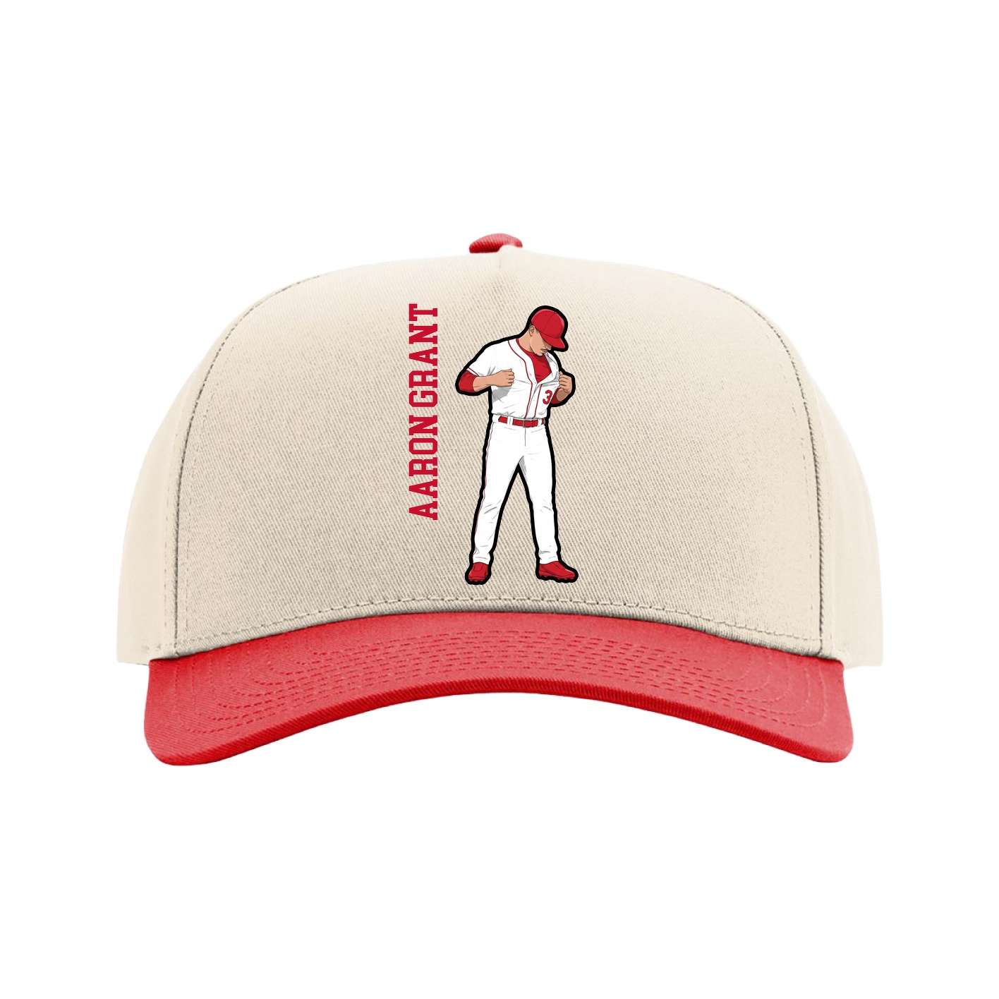 Full Fabric Five-Panel Champ Cap — Name Vertical in Cream/Red