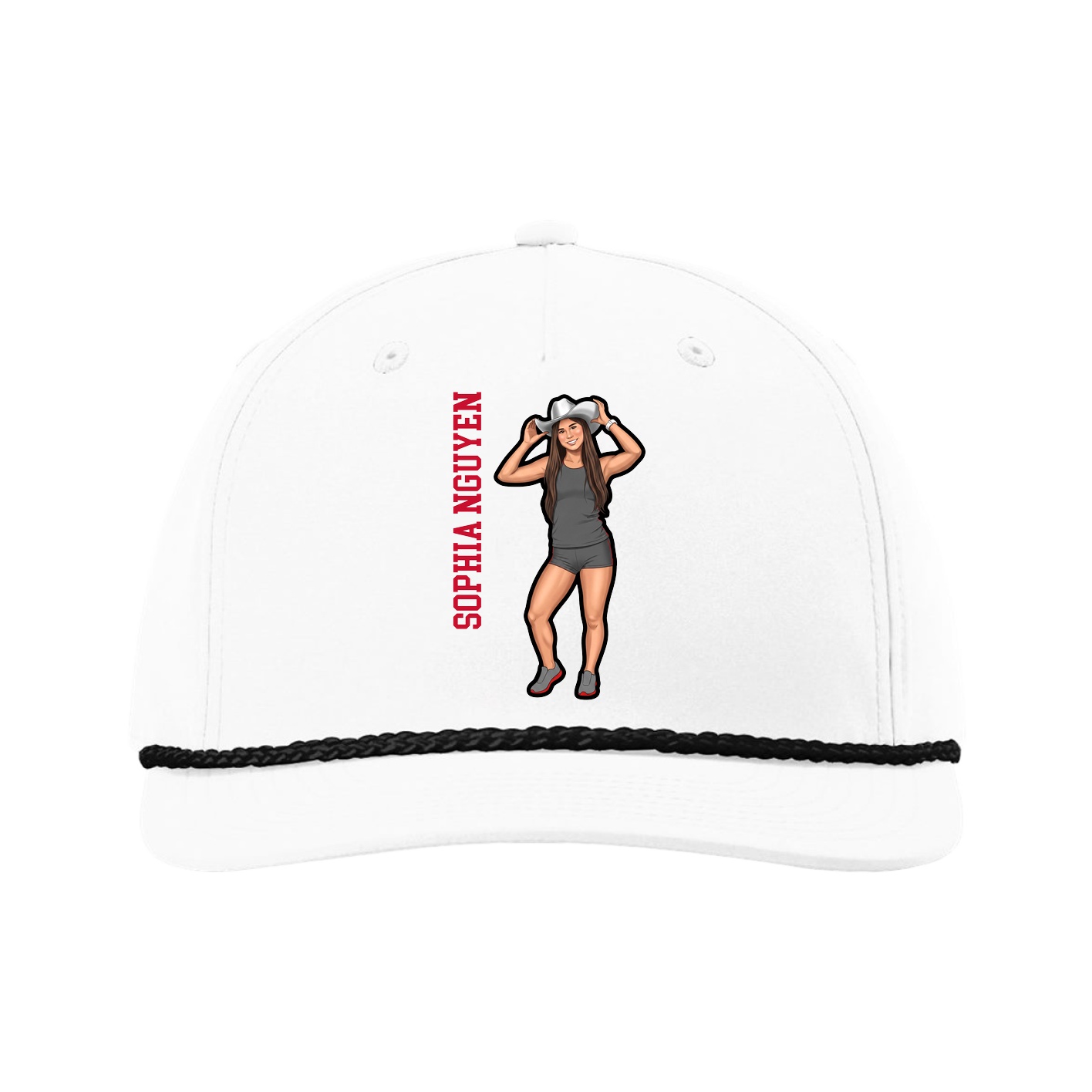 Five-Panel Classic Rope Cap — Name Vertical in White