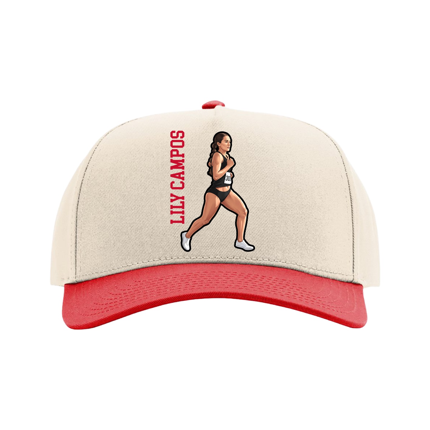 Full Fabric Five-Panel Champ Cap — Name Vertical in Cream/Red