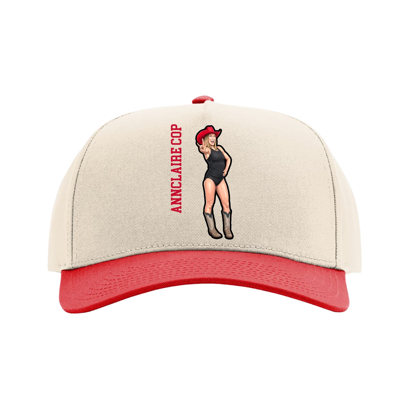 Full Fabric Five-Panel Champ Cap — Name Vertical in Cream/Red