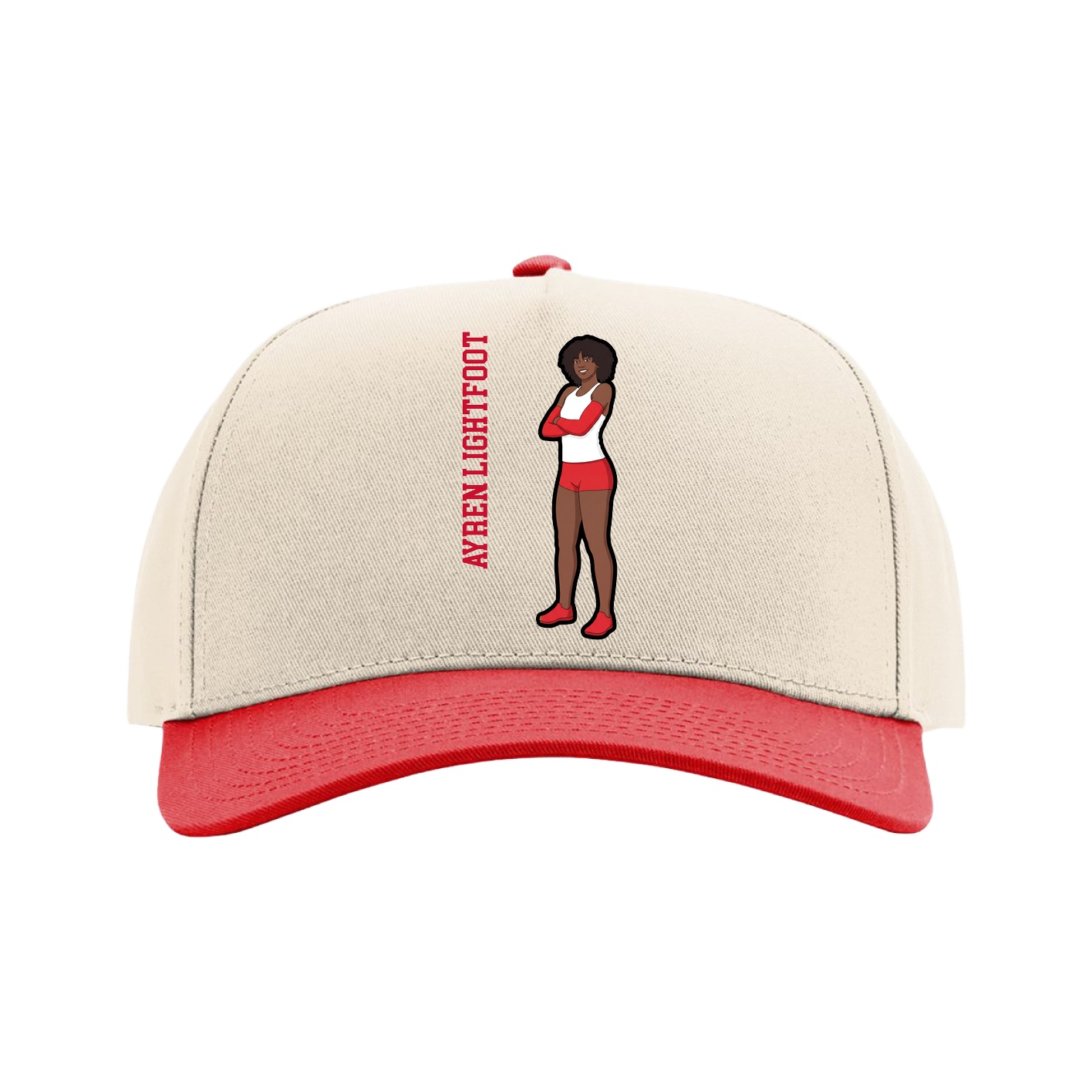 Full Fabric Five-Panel Champ Cap — Name Vertical in Cream/Red