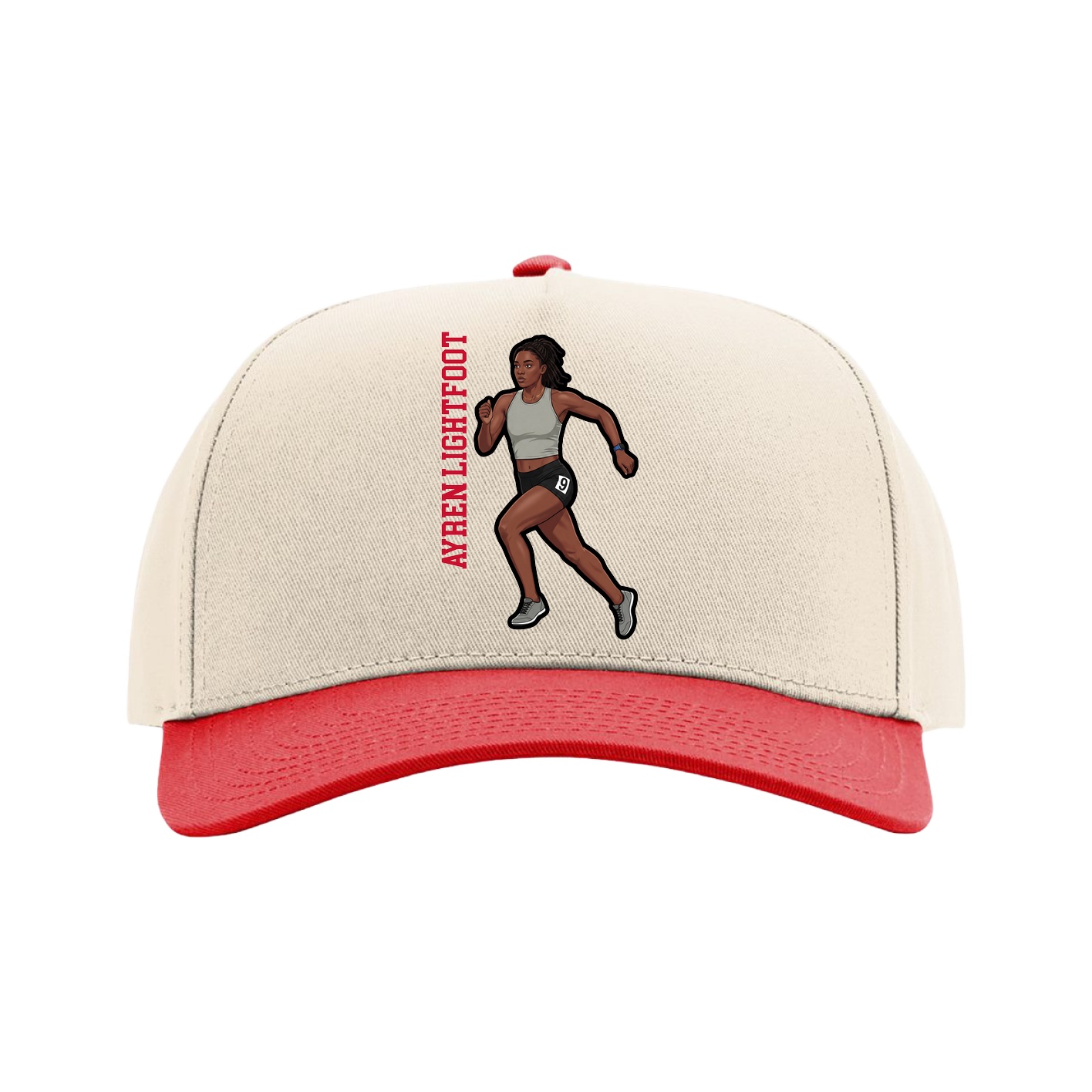 Full Fabric Five-Panel Champ Cap — Name Vertical in Cream/Red