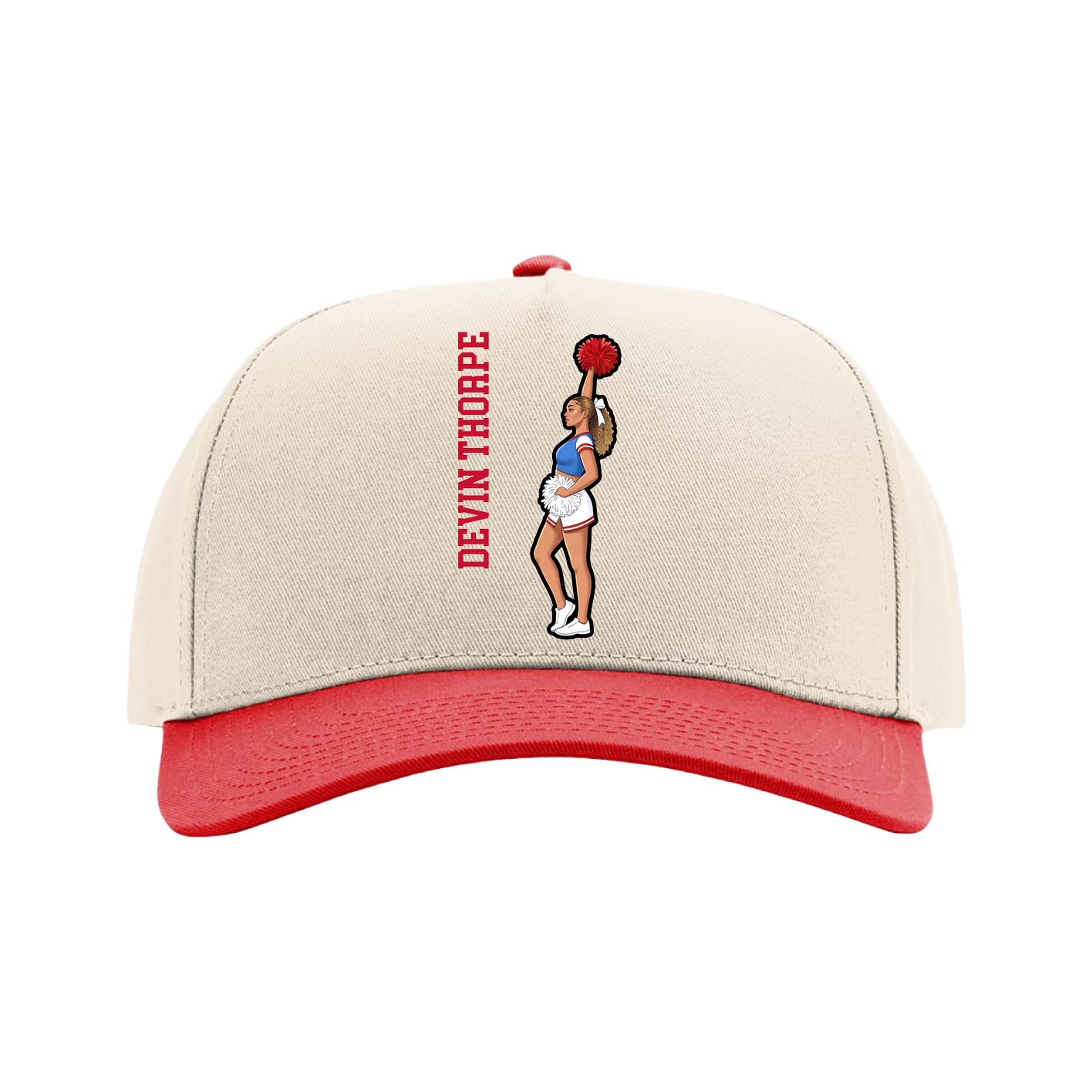 Full Fabric Five-Panel Champ Cap — Name Vertical in Cream/Red