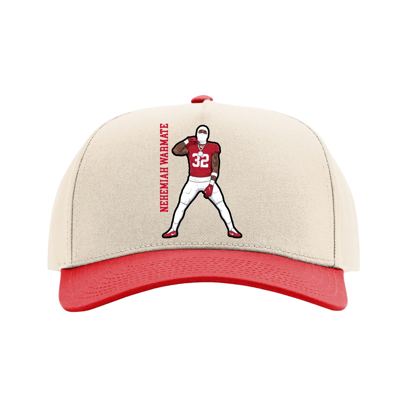 Full Fabric Five-Panel Champ Cap — Name Vertical in Cream/Red