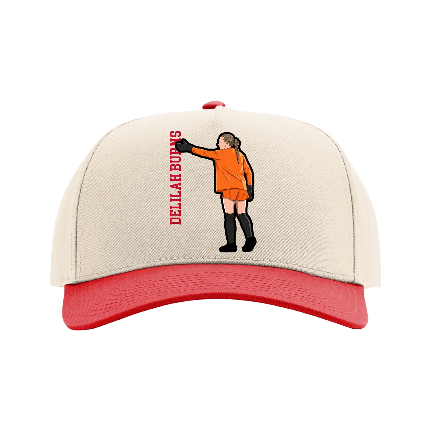 Full Fabric Five-Panel Champ Cap — Name Vertical in Cream/Red
