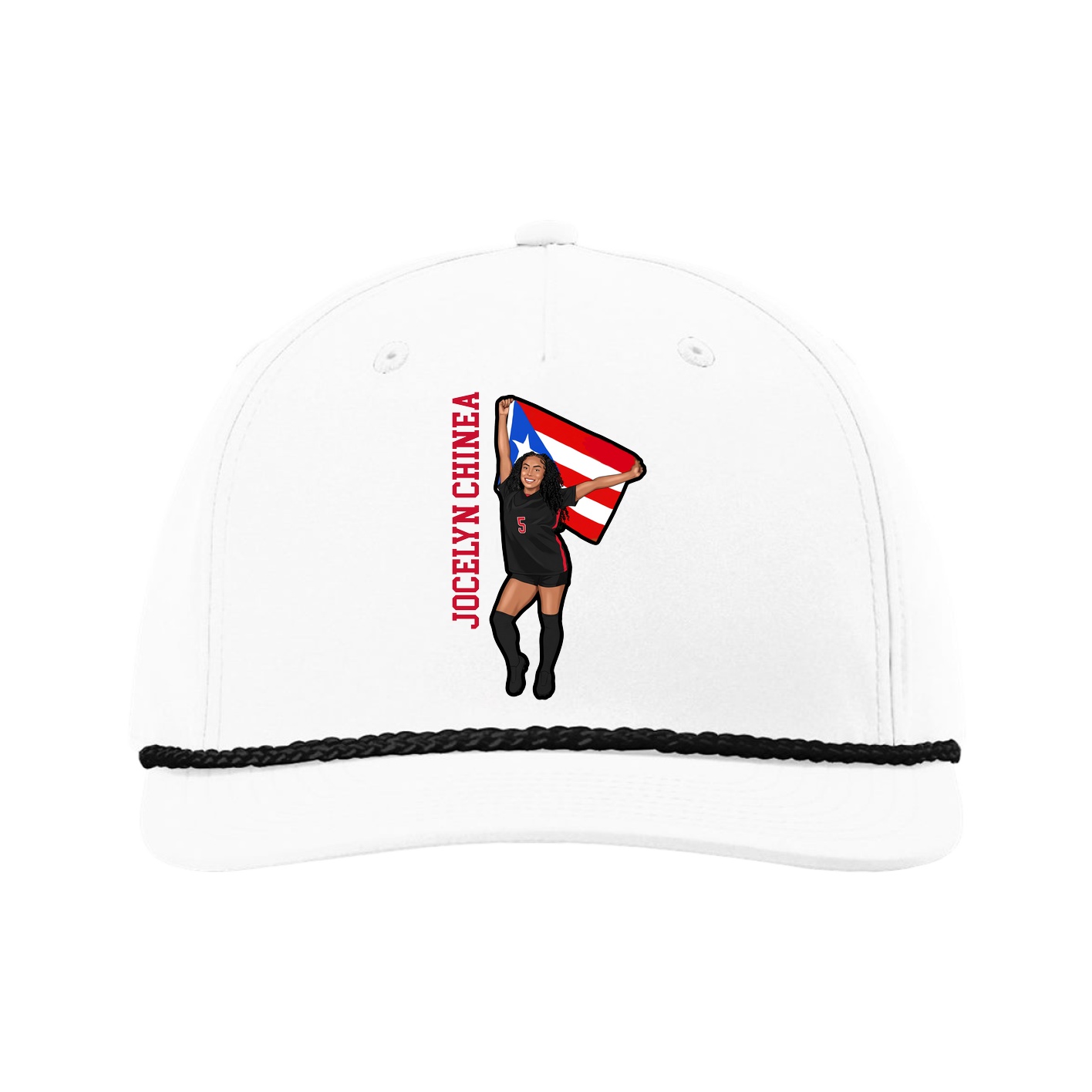 Five-Panel Classic Rope Cap — Name Vertical in White