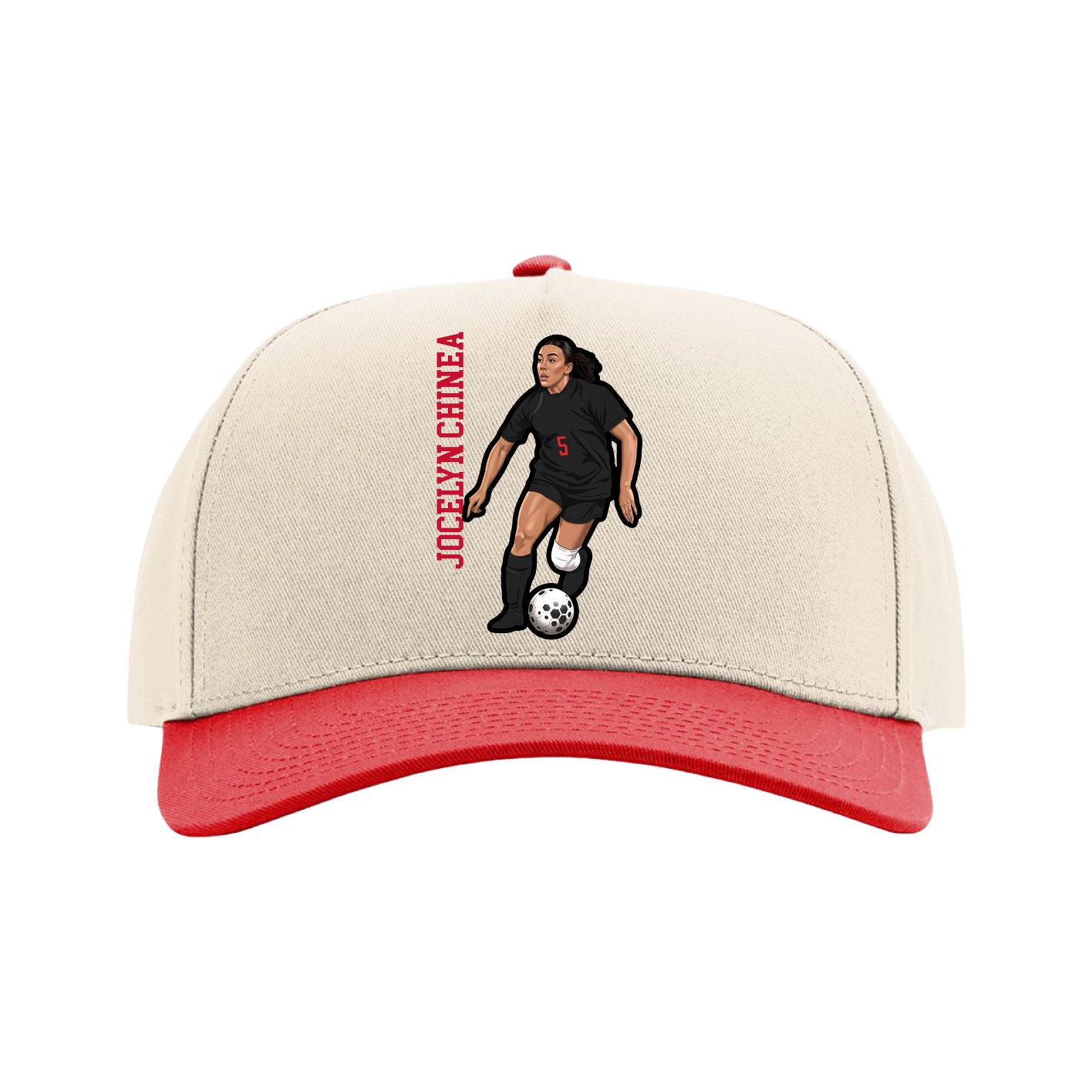 Full Fabric Five-Panel Champ Cap — Name Vertical in Cream/Red