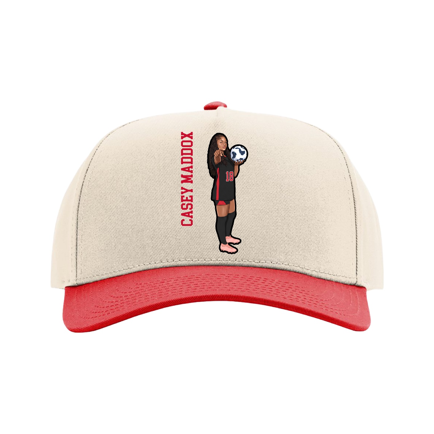 Full Fabric Five-Panel Champ Cap — Name Vertical in Cream/Red