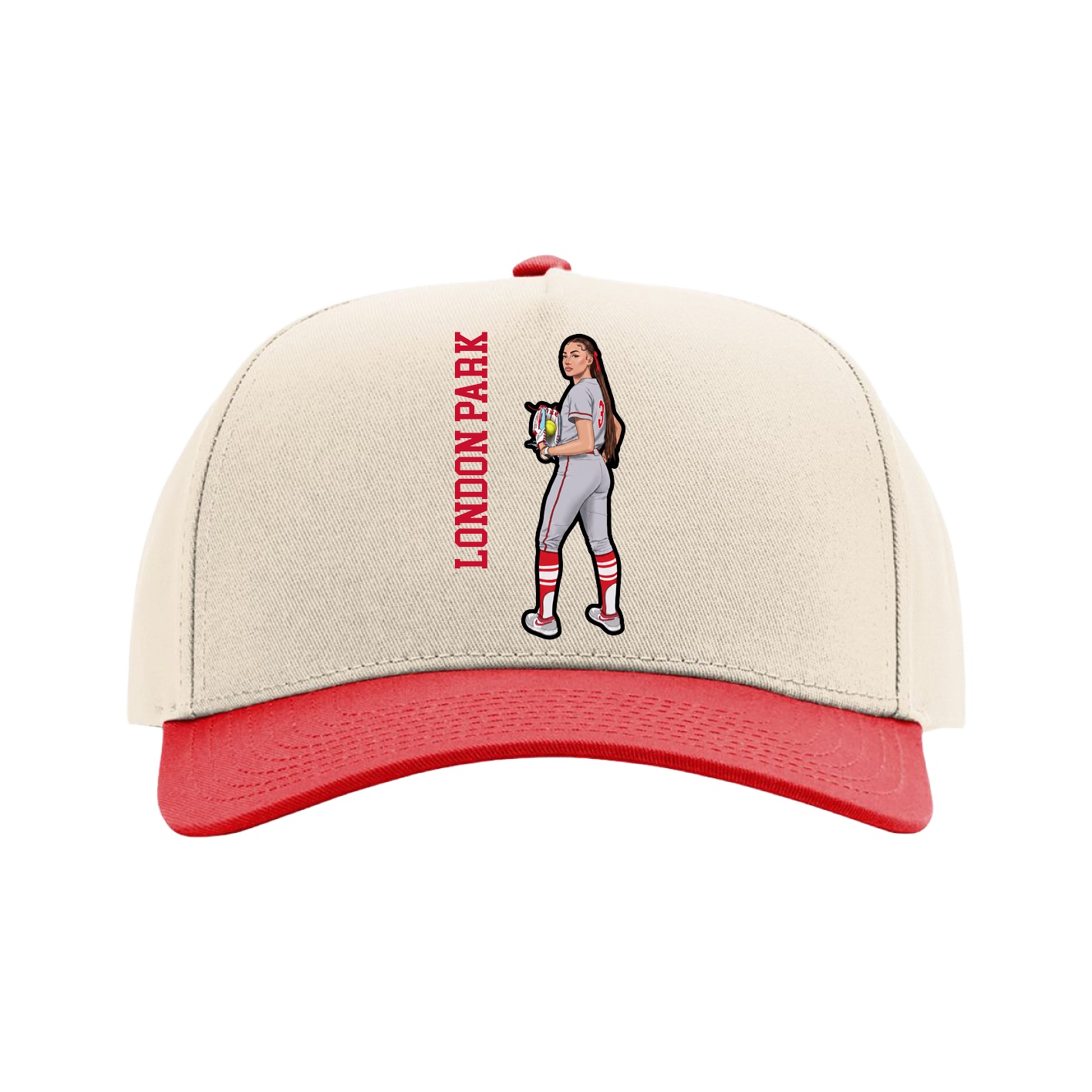 Full Fabric Five-Panel Champ Cap — Name Vertical in Cream/Red