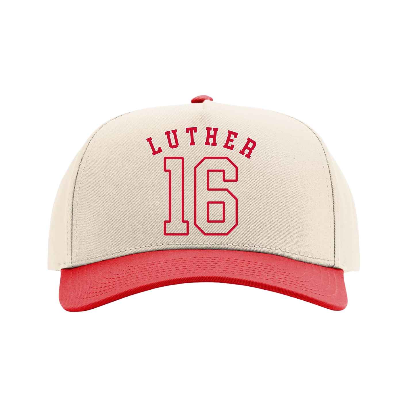 Full Fabric Five-Panel Champ Cap — Shirsey Arch in Cream/Red