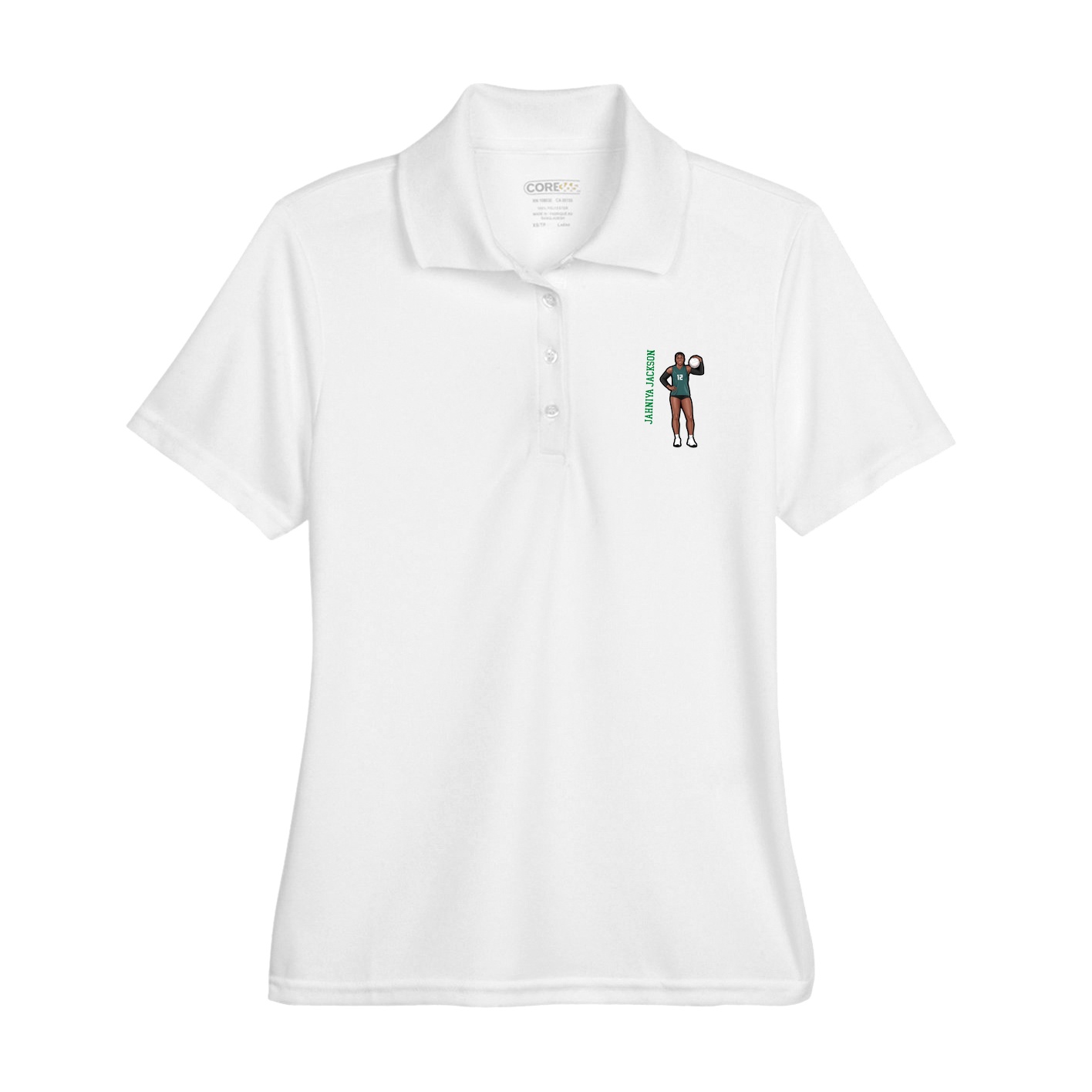 Womens Performance Polo — Name Vertical in White