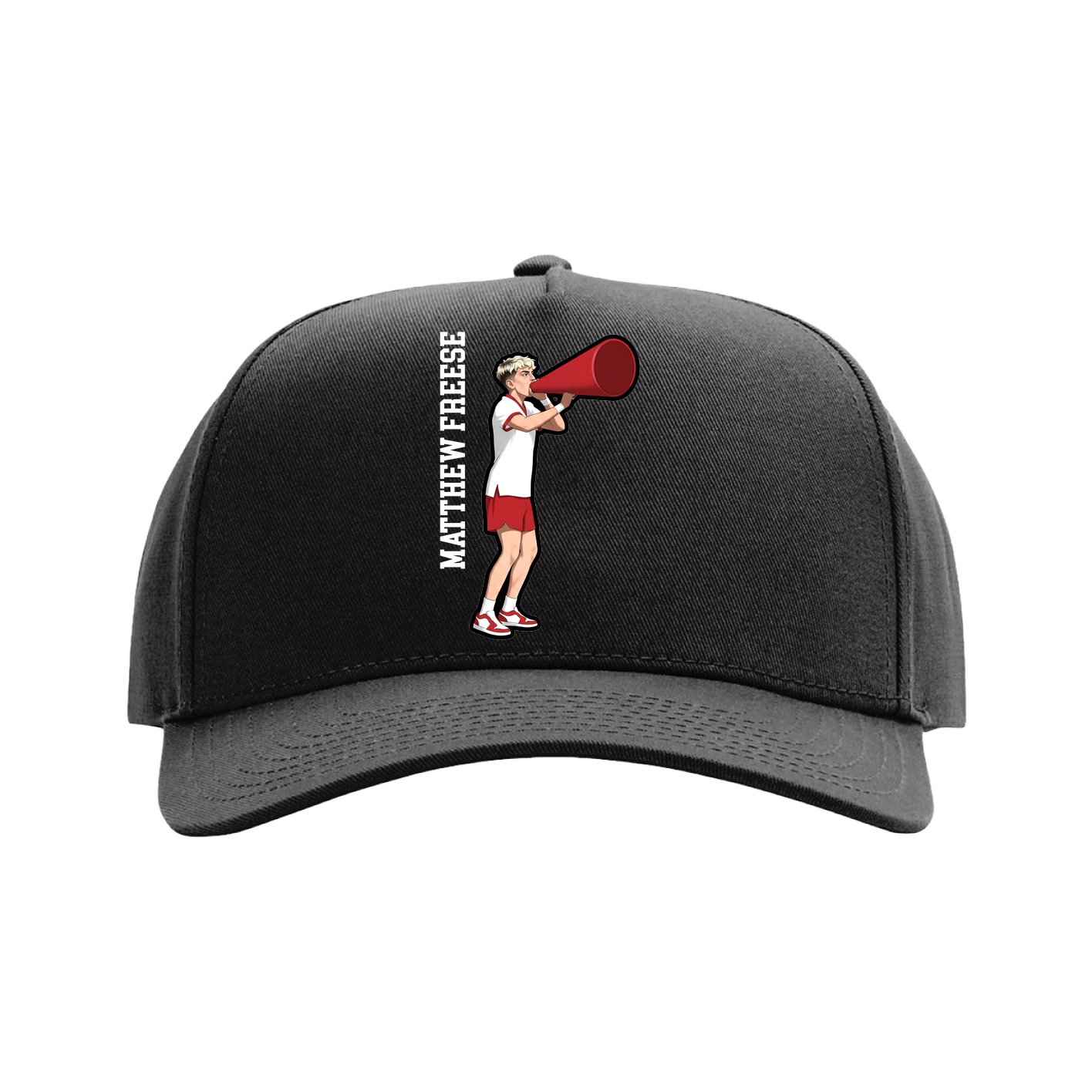 Full Fabric Five-Panel Champ Cap — Name Vertical in Black