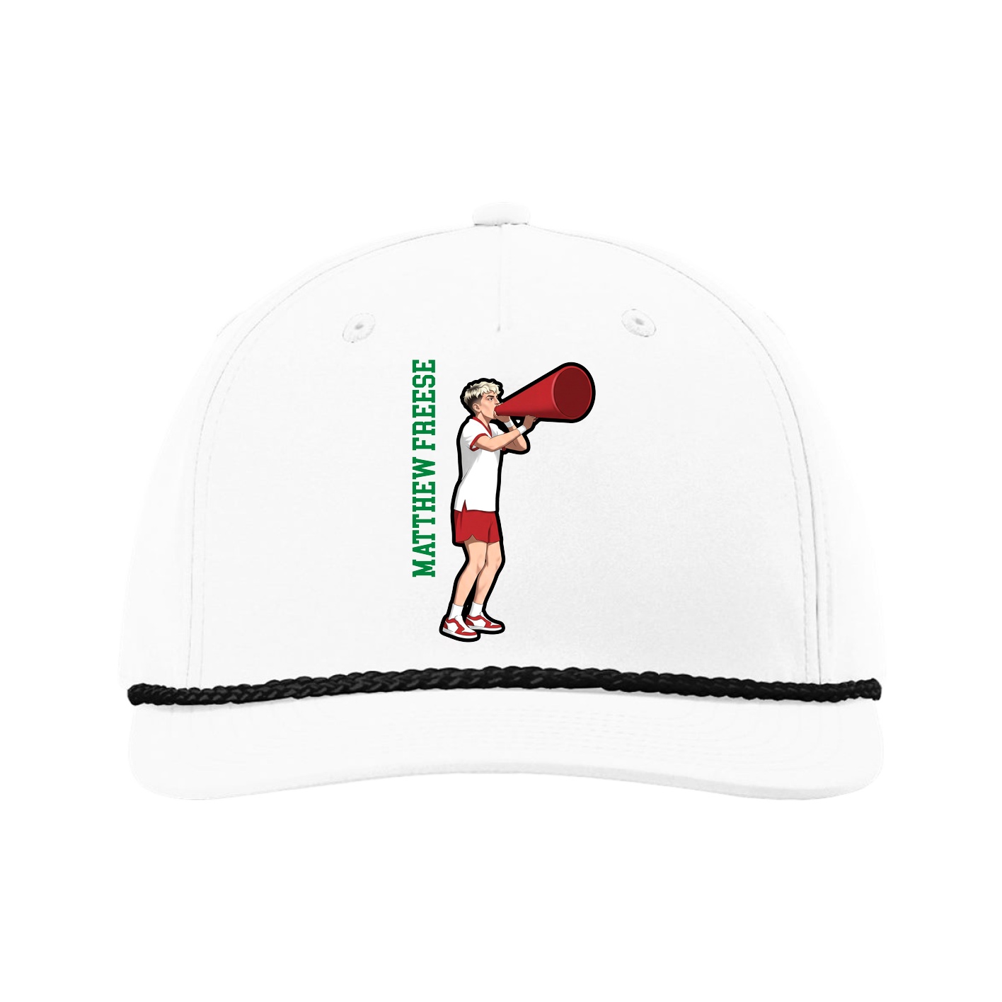 Five-Panel Classic Rope Cap — Name Vertical in White