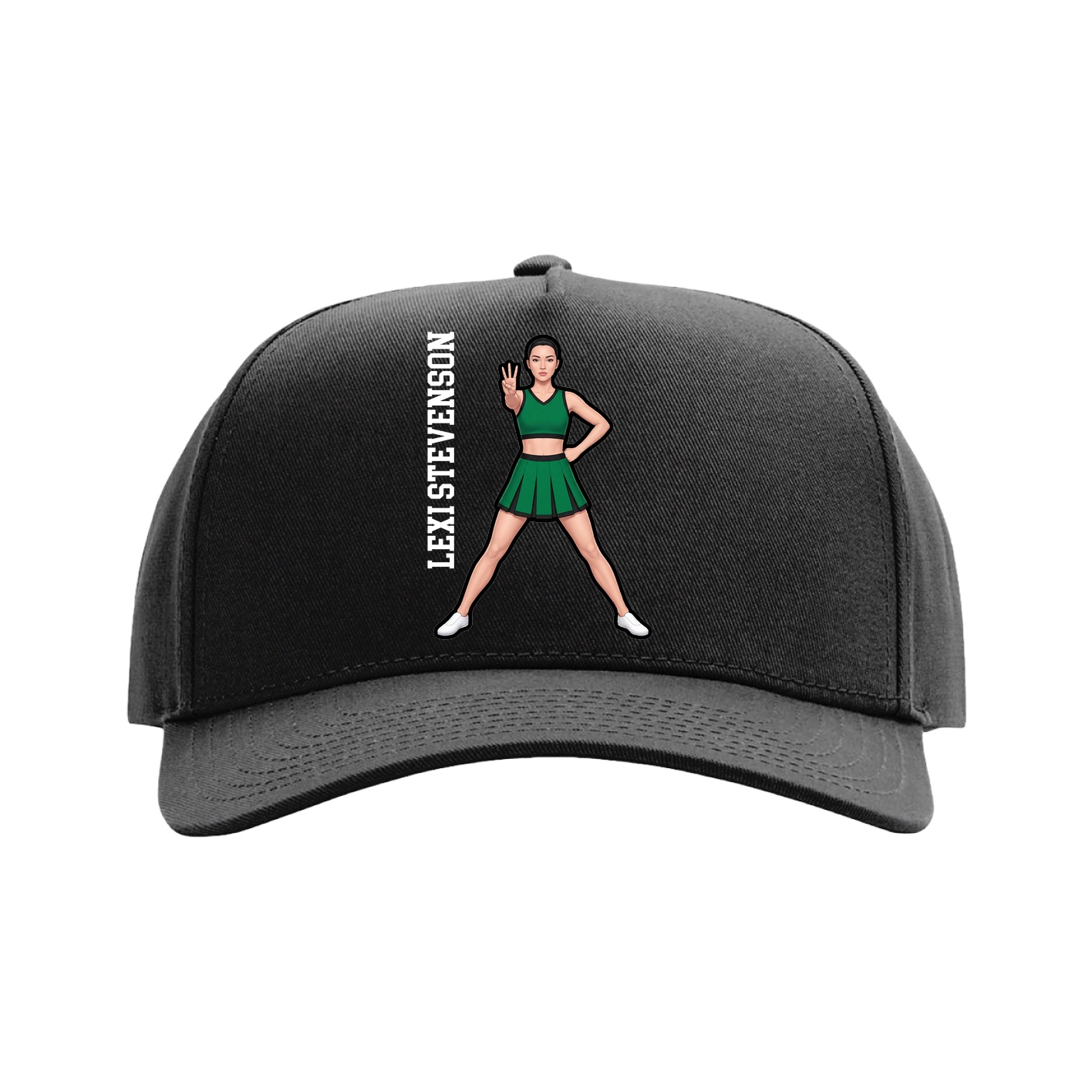 Full Fabric Five-Panel Champ Cap — Name Vertical in Black
