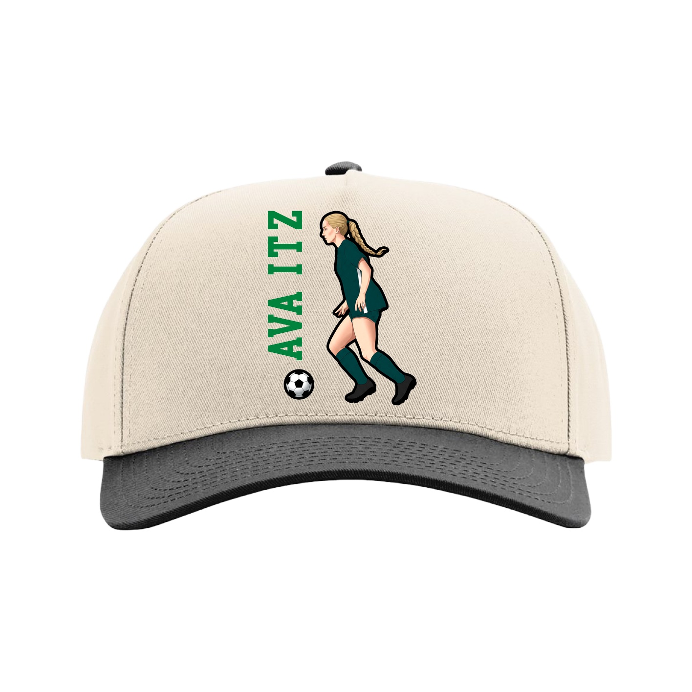 Full Fabric Five-Panel Champ Cap — Name Vertical in Cream/Black