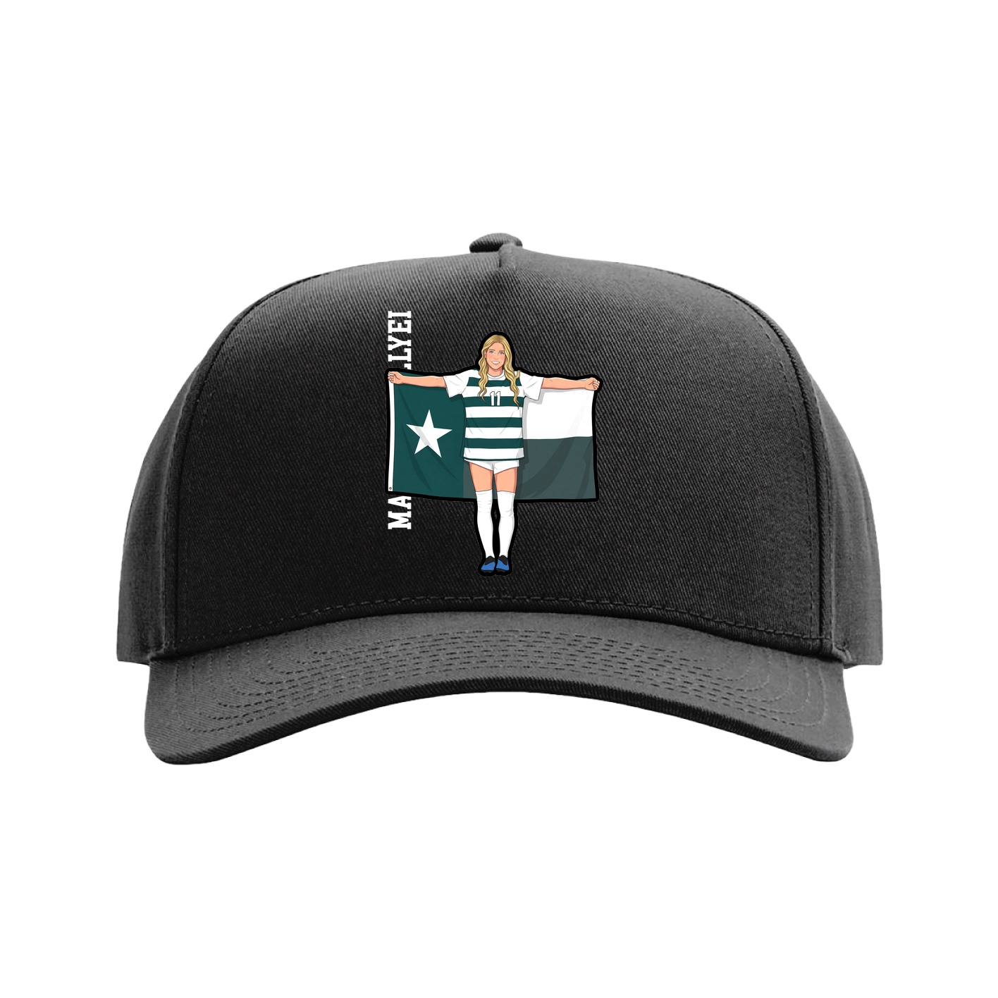 Full Fabric Five-Panel Champ Cap — Name Vertical in Black